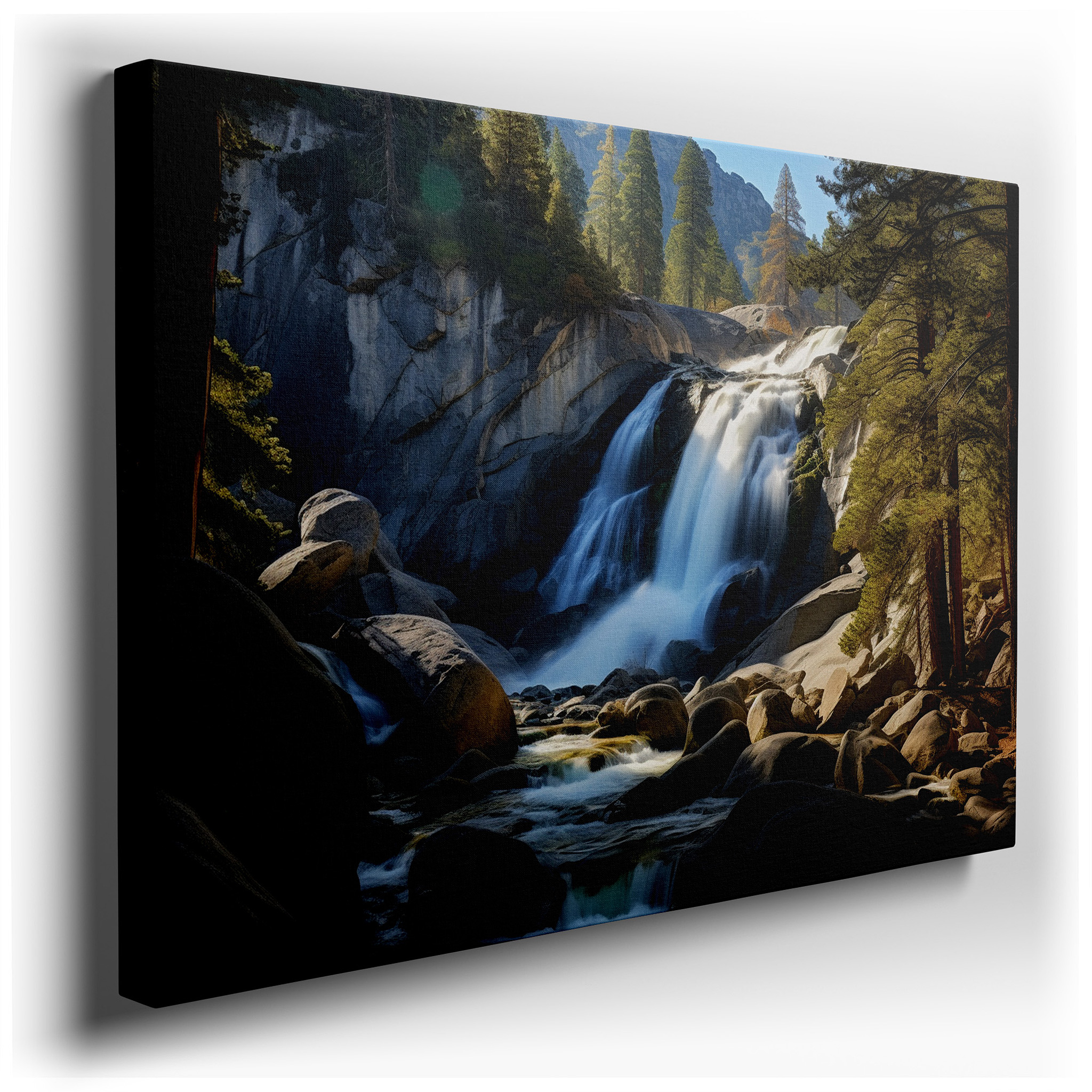 Tranquil Waterfall and Lush Pines Large Wall Art, Canvas Decor for Office and Bedroom wrapped canvas - main product