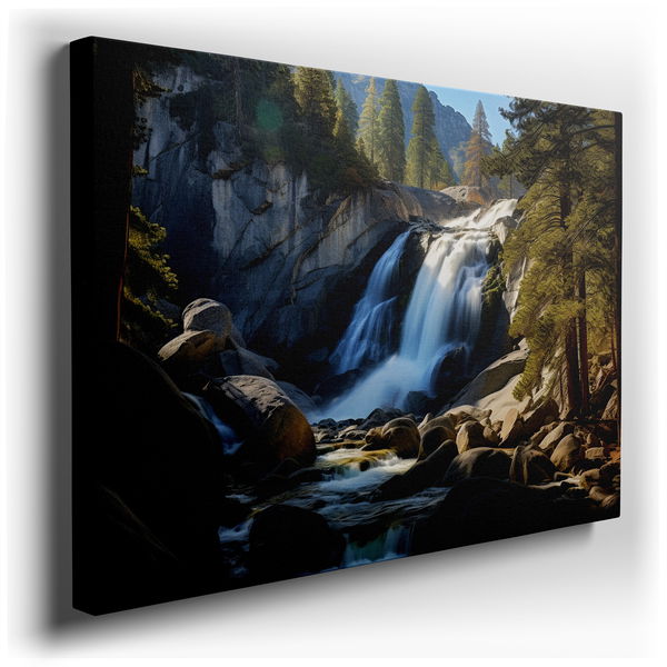 Tranquil Waterfall and Lush Pines Canvas Art