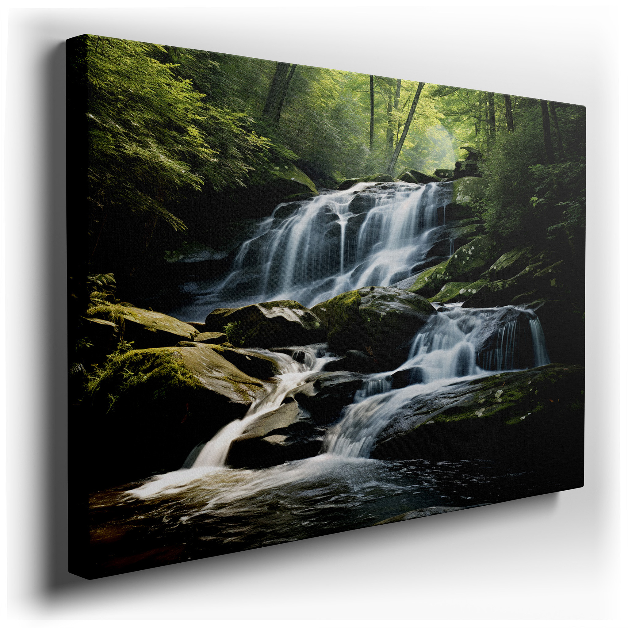 Tranquil Waterfall Oasis Wall Art: Large Canvas Print for Office, Bedroom, and Living Room Decor, Featuring Lush Forest