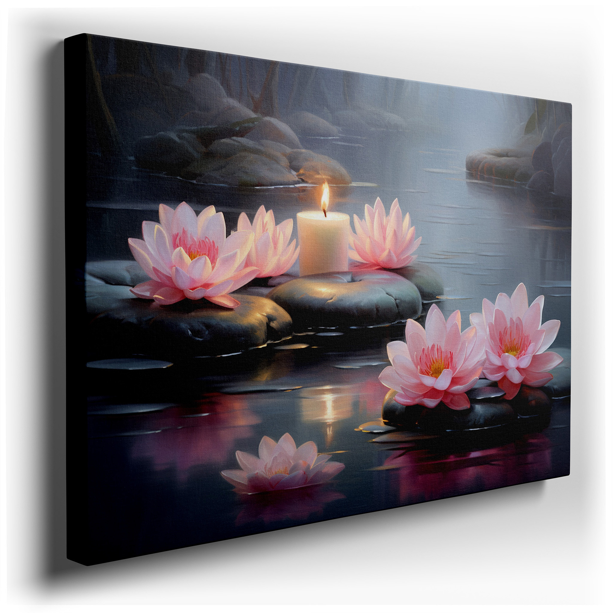 Tranquil Waterscape Canvas Art Featuring Pink Lotus Flowers, Symbols of Purity and Spiritual Awakening - Ideal for