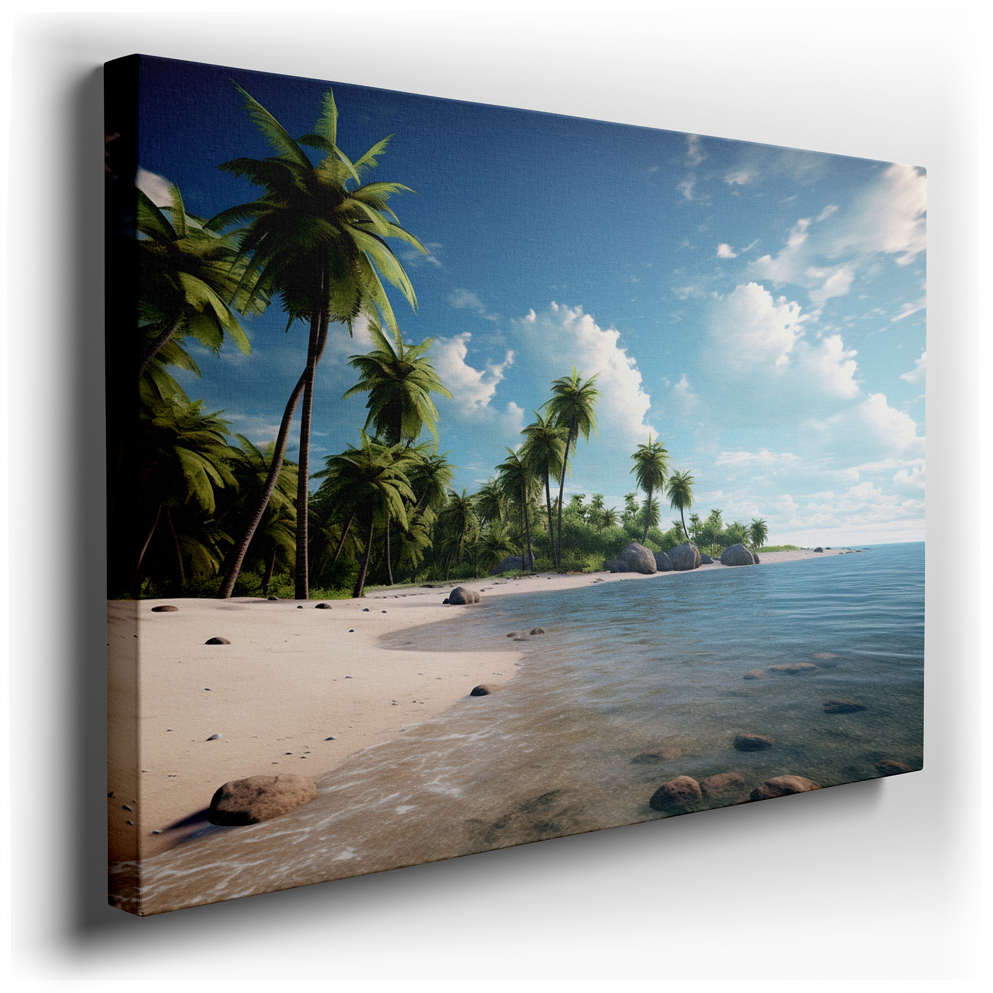 Tropical Beach Serenity Wall Art Featuring Lush Palms and Sparkling Turquoise Waters, Ideal for Office and Bedroom