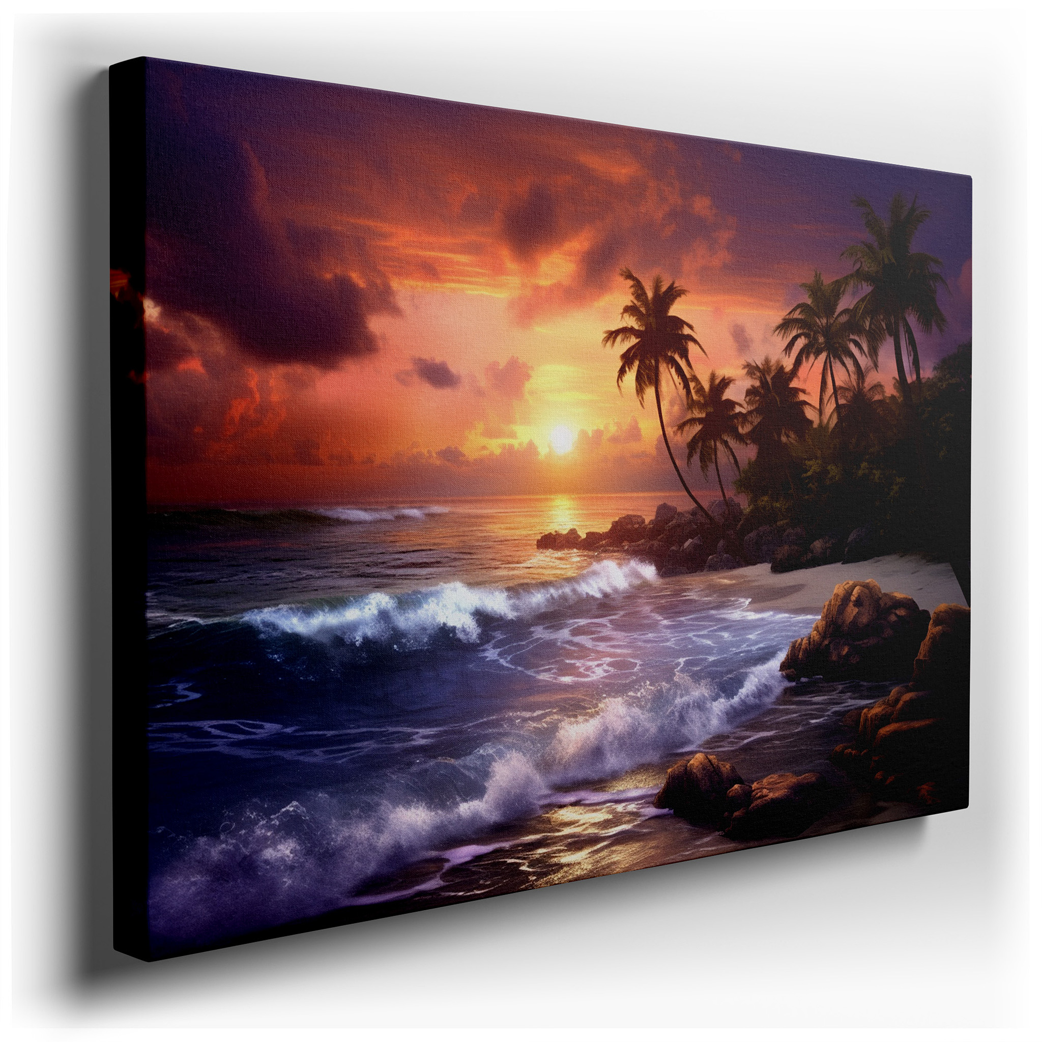 Tropical Beach Sunset Serenity Large Wall Art Featuring Vibrant Oranges and Calming Purples, Perfect for Office or