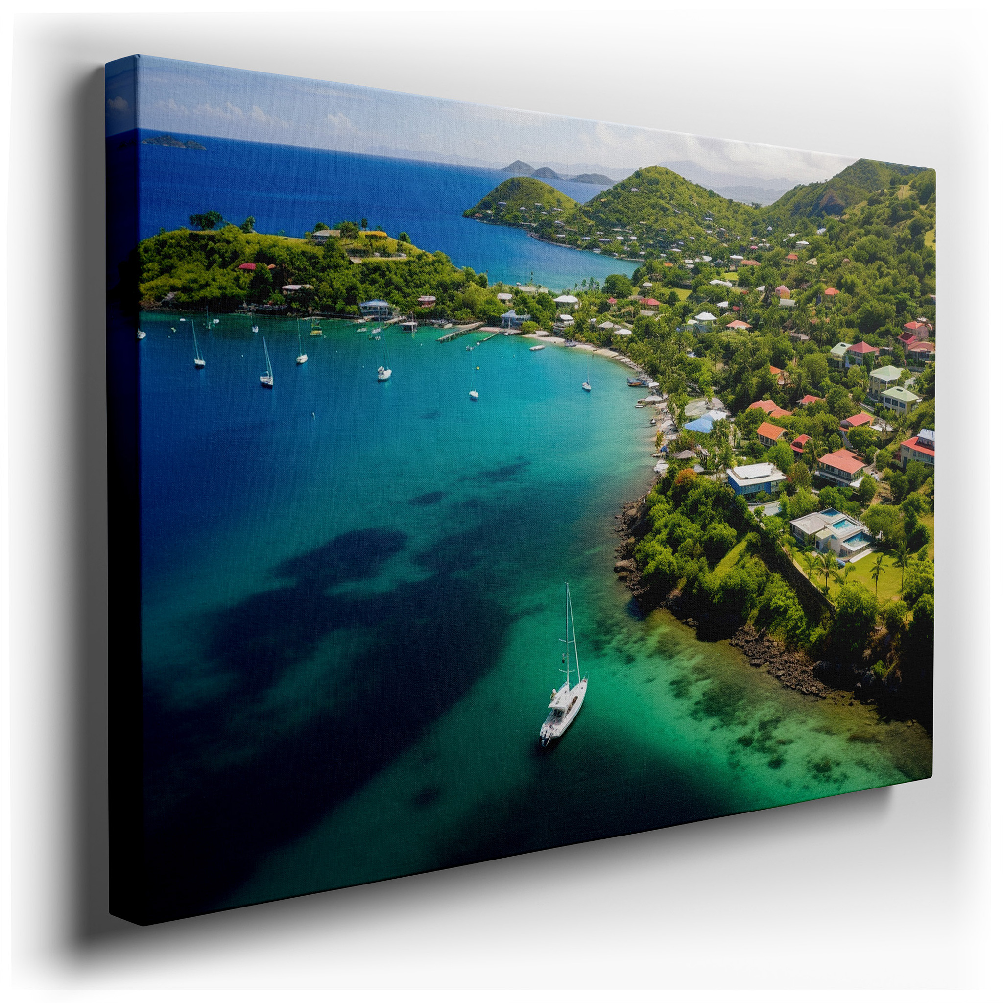 Tropical Coastline Aerial View Canvas Wall Art Featuring Azure Waters and Lush Greenery for Office and Bedroom Decor