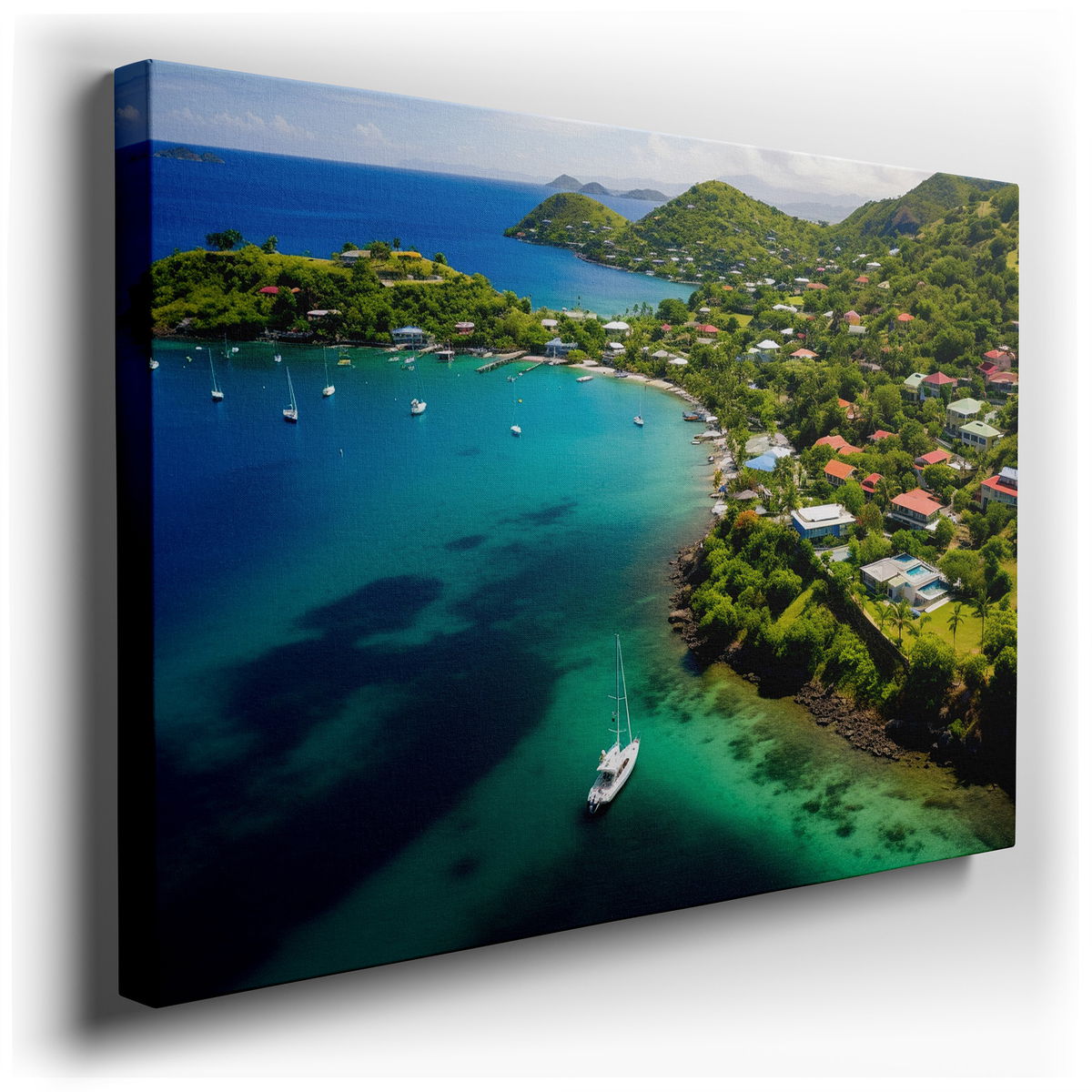 Tropical Coastline Aerial View - Blue and Green Canvas Wall Art