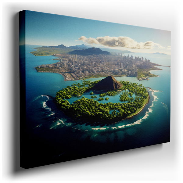 Tropical Island and Urban Skyline Fusion - Blue Canvas Wall Art