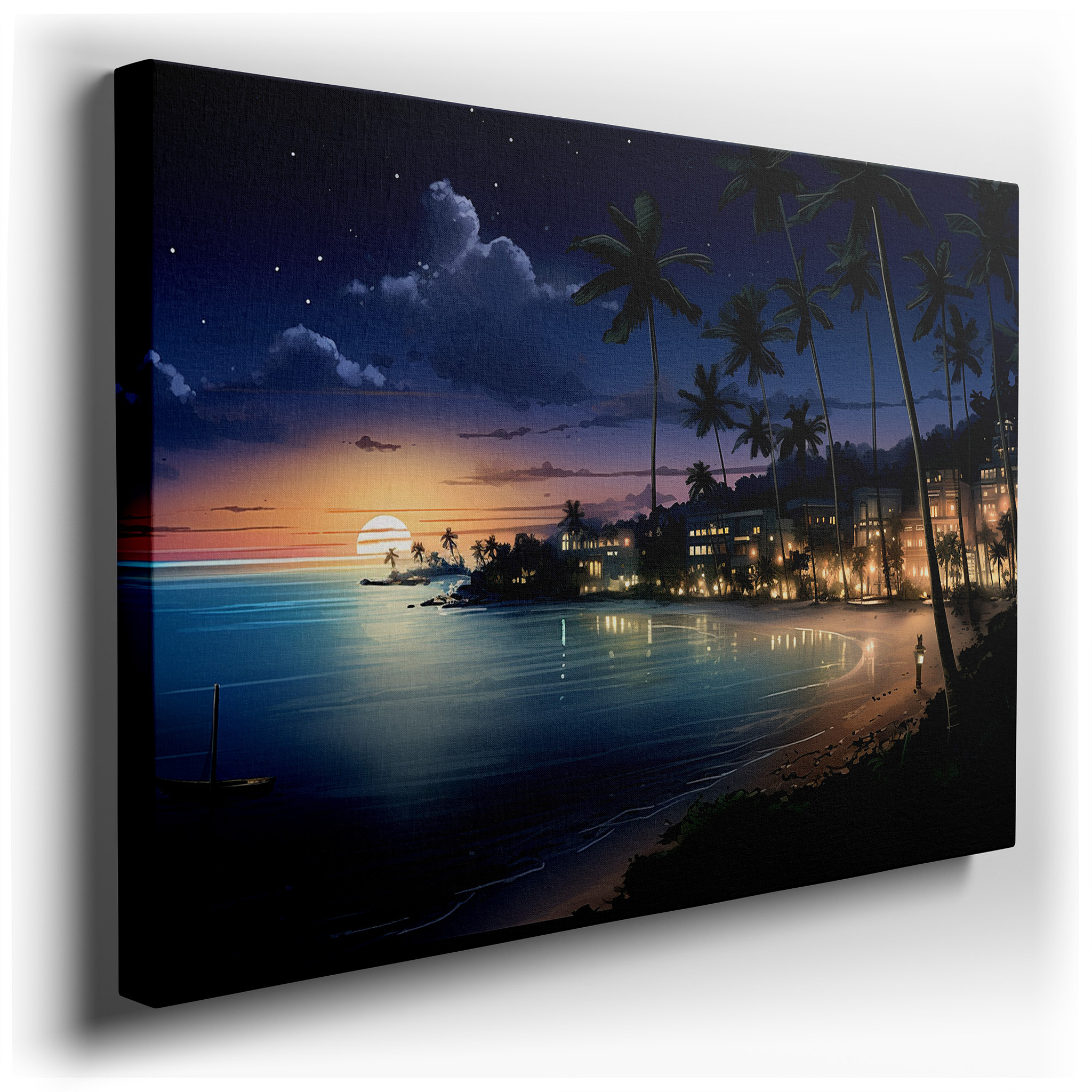 Tropical Paradise at Sunset: Serene Shoreline Retreat with Palm Silhouettes and Vibrant Sky - Large Canvas Wall Art