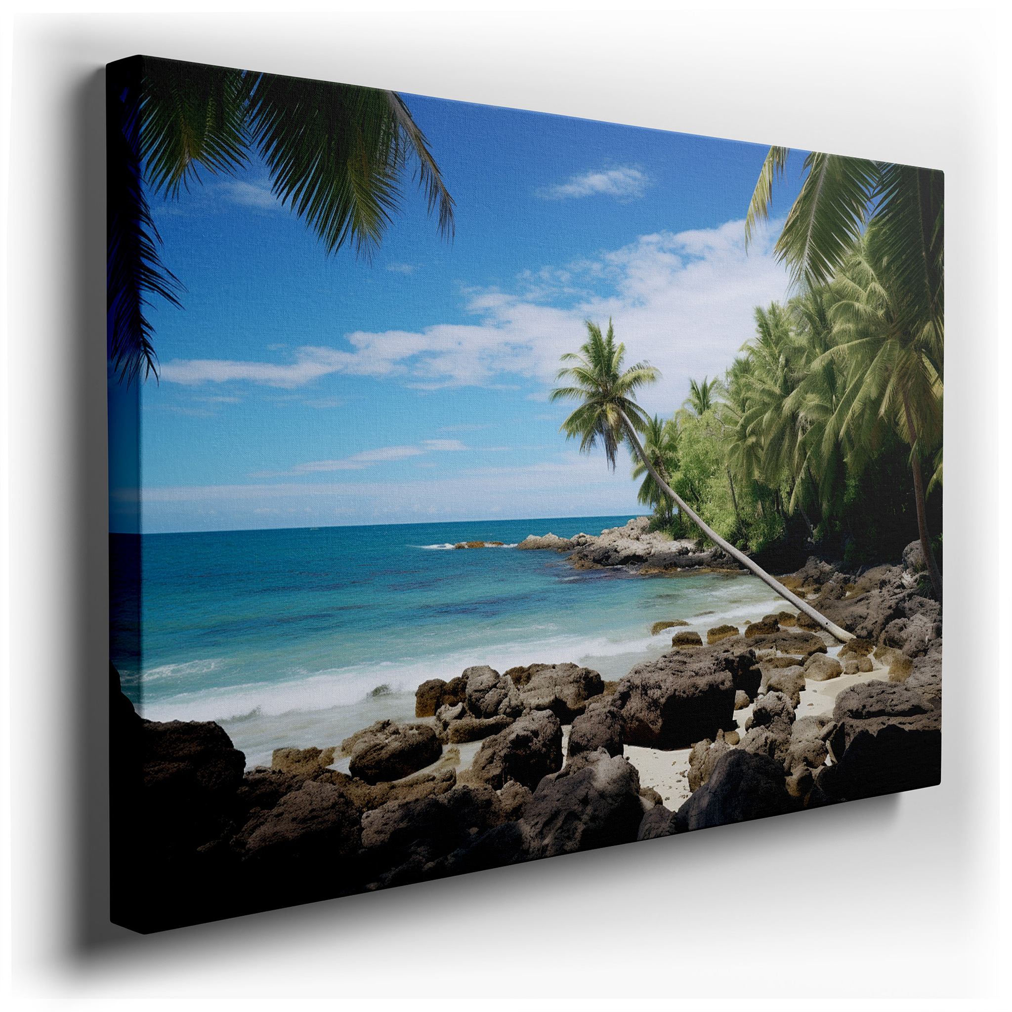 Tropical Paradise Canvas Wall Art Featuring Palm Trees and Rocky Coastline Under a Sunlit Sky, Perfect for Office or