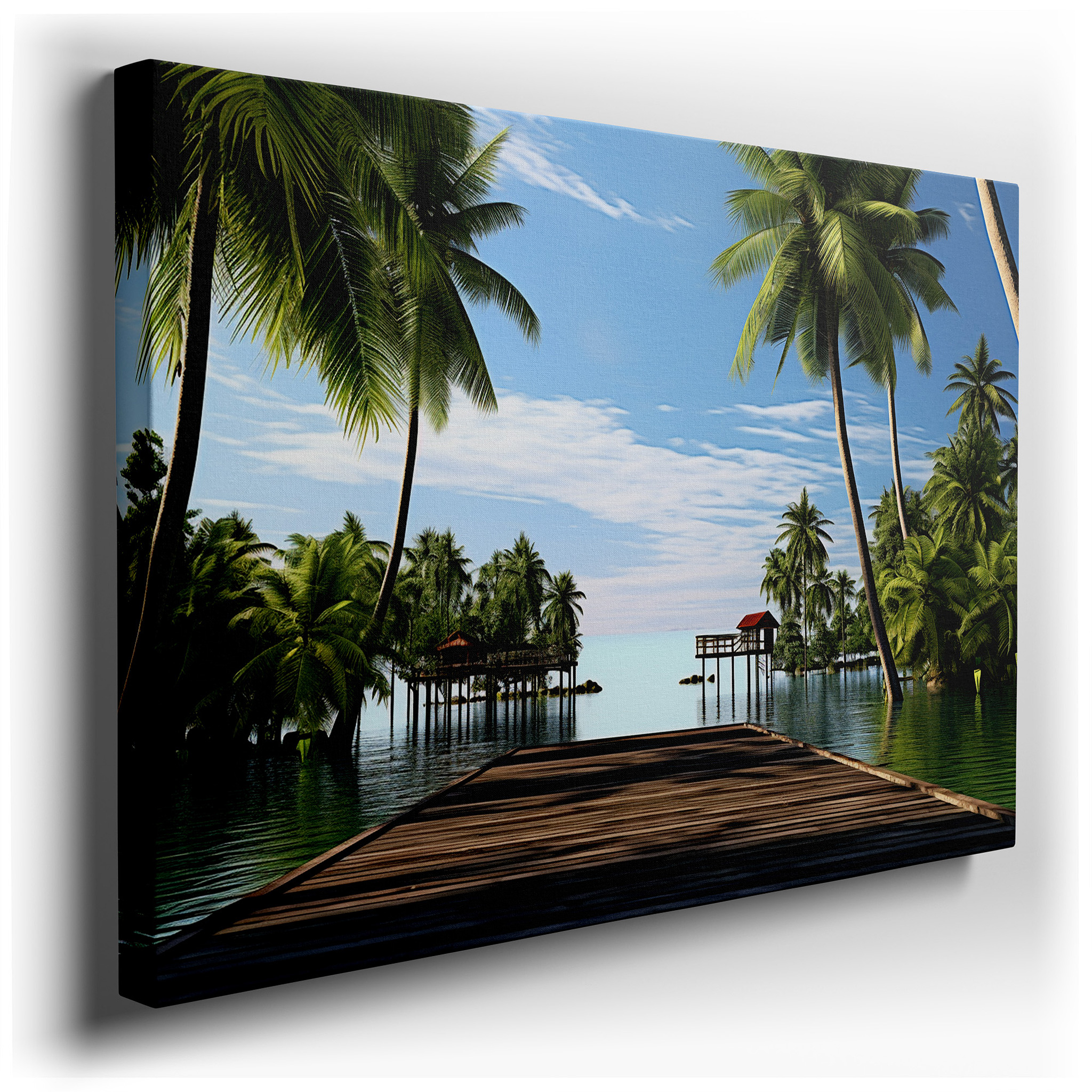 Tropical Paradise Featuring Lush Palms and Peaceful Dock for Quiet Reflection - Large Wall Art, Canvas Wall Art, Wall