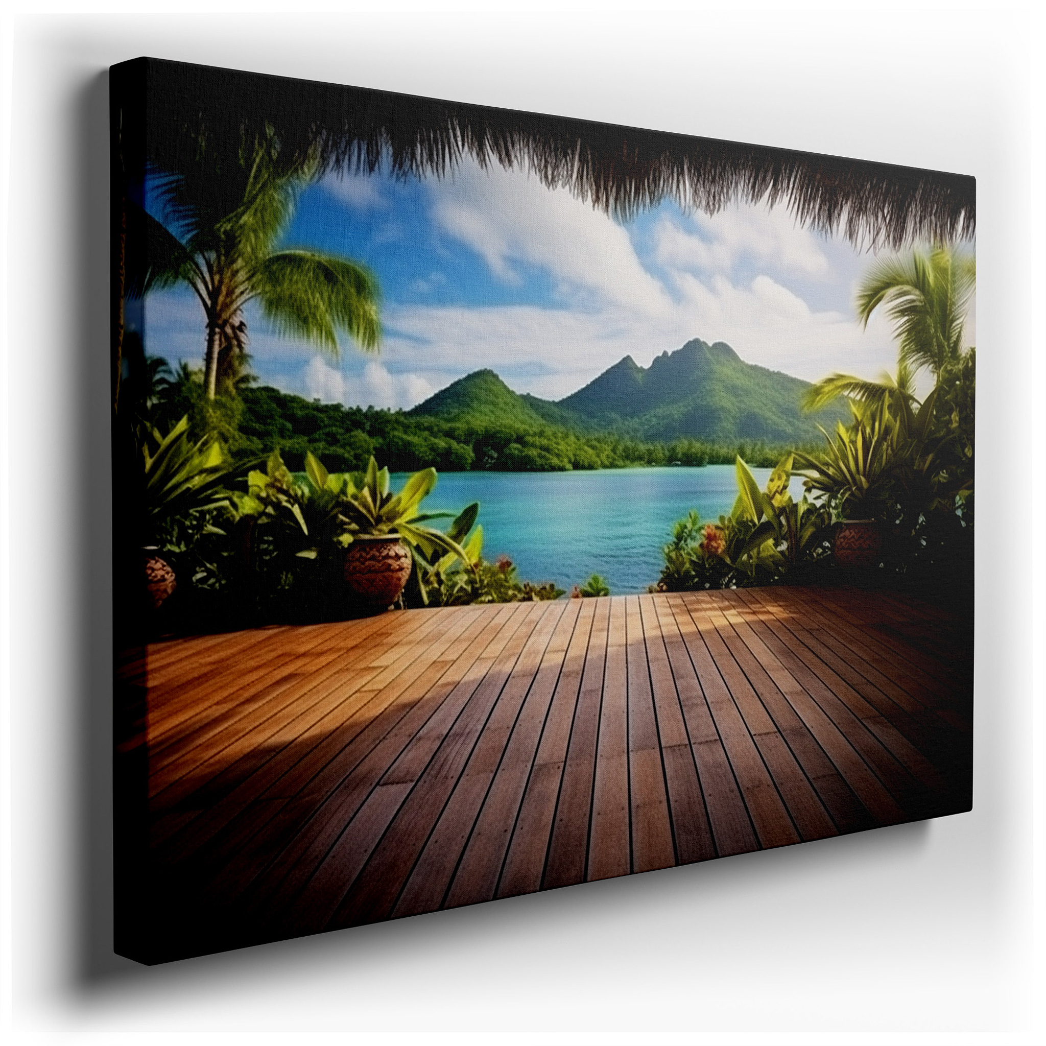 Tropical Paradise Portal Featuring Verdant Mountains and Serene Blue Bay - Large Canvas Wall Art for Office and Bedroom