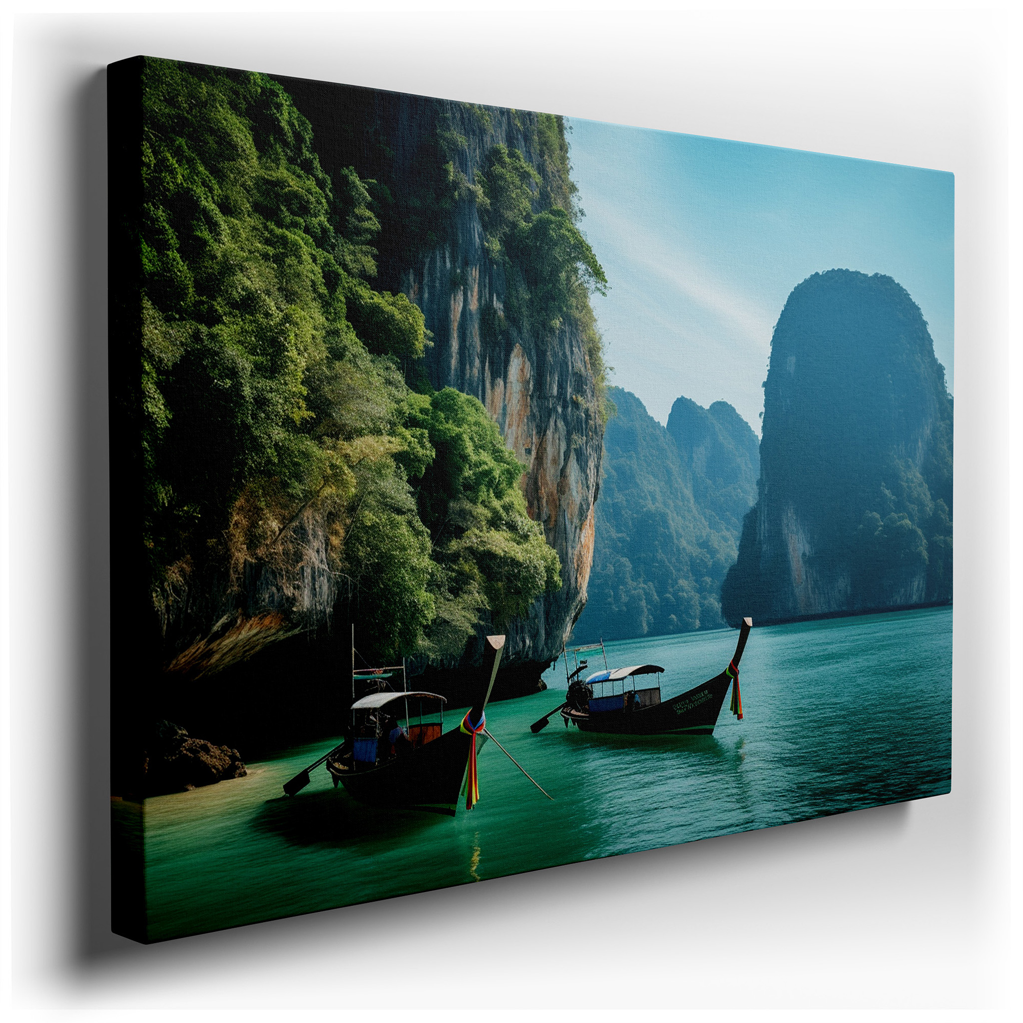 Tropical Paradise Scene with Boats on Turquoise Waters and Green Hills Large Wall Art, Canvas Wall Art, Wall Decor for