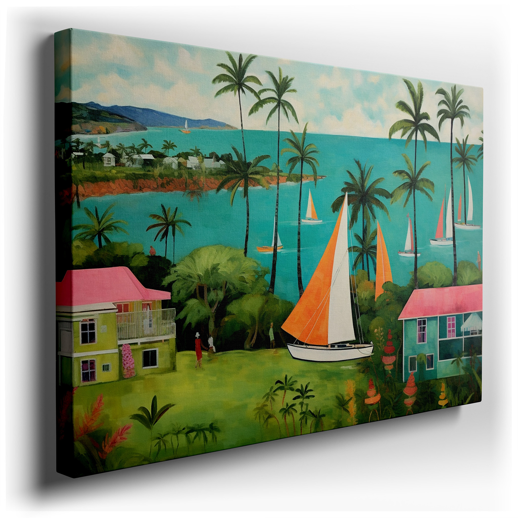 Tropical Paradise Scene with Vibrant Sailboats and Lush Palms, Serene Seascape Large Canvas Wall Art for Office and