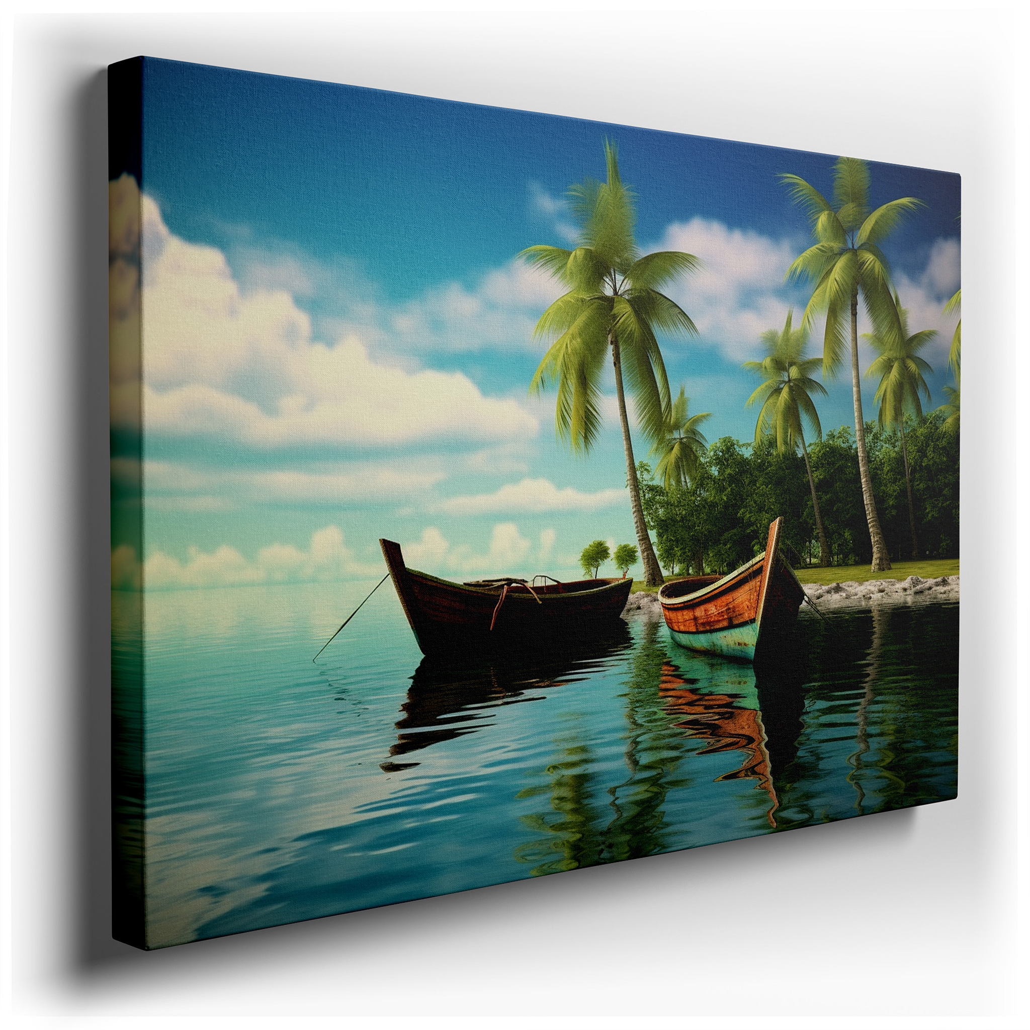 Tropical Paradise Wall Art Featuring Wooden Boats and Lush Palms - Large Canvas for Office, Bedroom, and Living Room