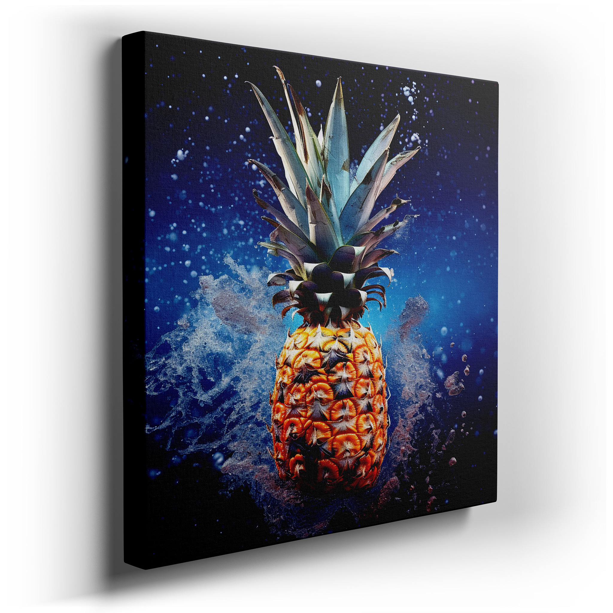 Tropical Pineapple Splash Wall Art: Vibrant Summer Symphony on Deep Ocean Blue Canvas, Perfect for Office or Bedroom