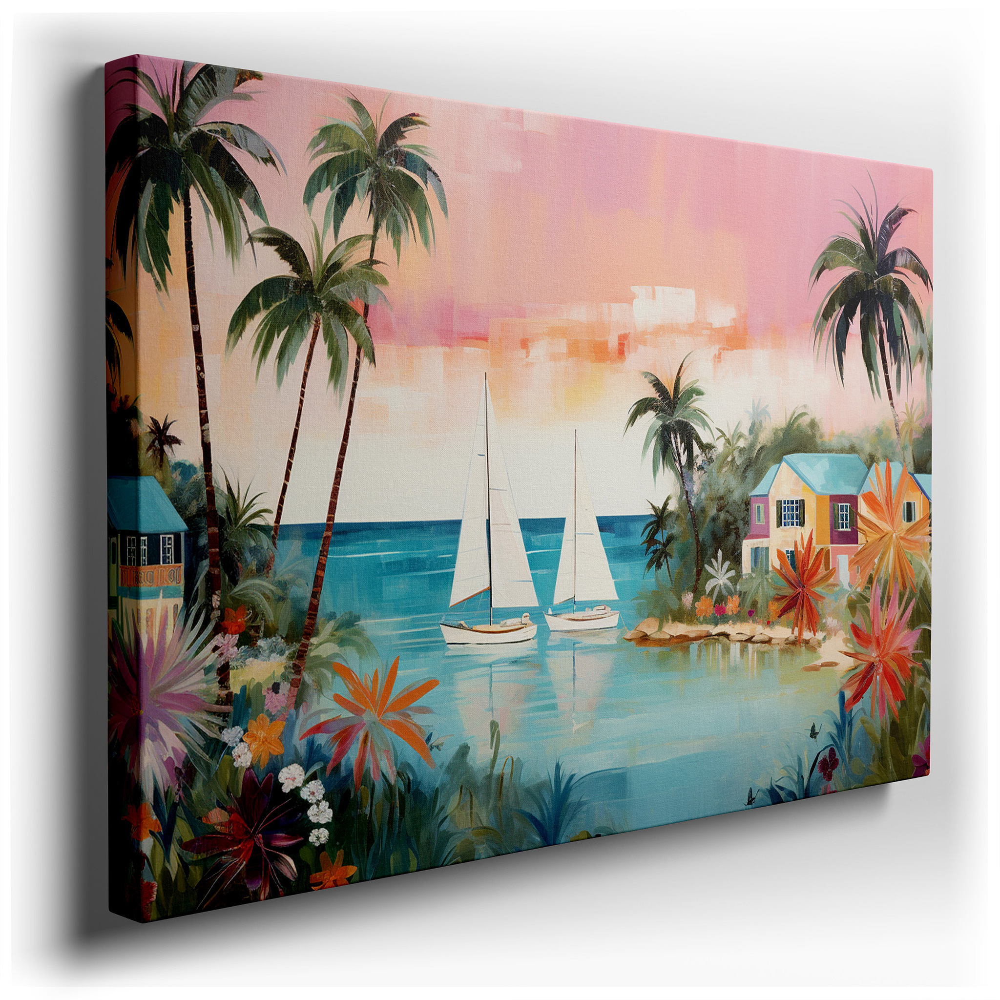Tropical Seascape Sunset and Sailboats Wall Art: Large Canvas for Serene and Adventurous Decor, Ideal for Office and