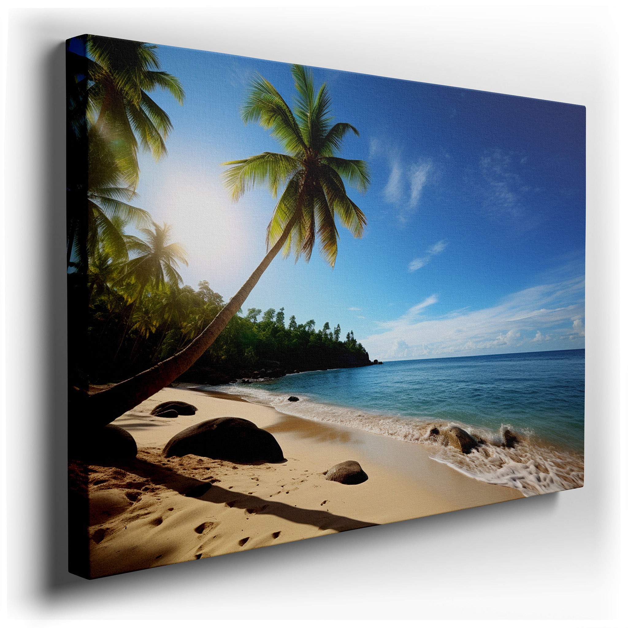 Tropical Serenity Wall Art Featuring Dancing Palm Fronds and Golden Sands, Large Canvas for Home and Office Decor