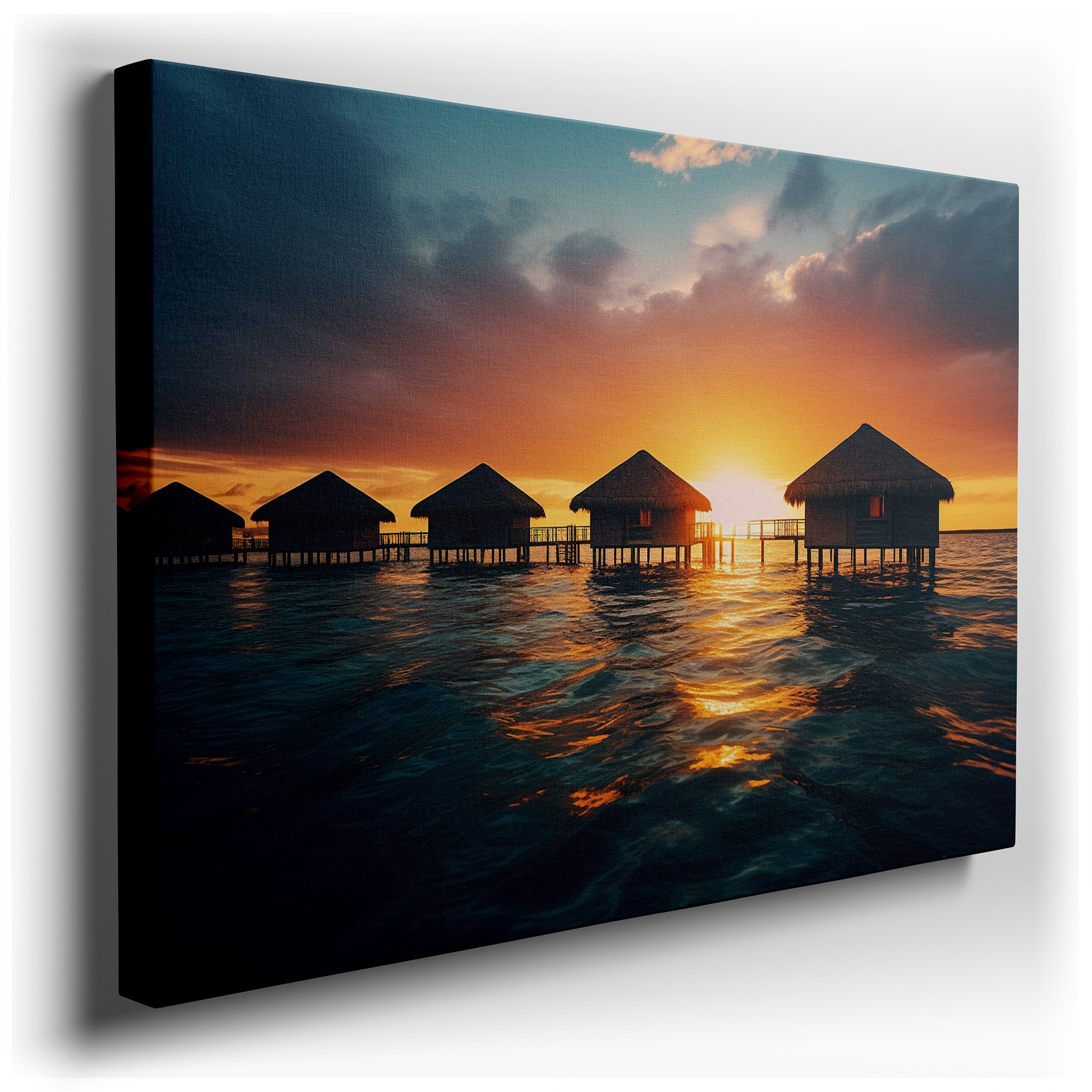 Tropical Sunset and Serene Waters Canvas Print with Golden - Lit Bungalows - Large Wall Art for Office, Bedroom, and