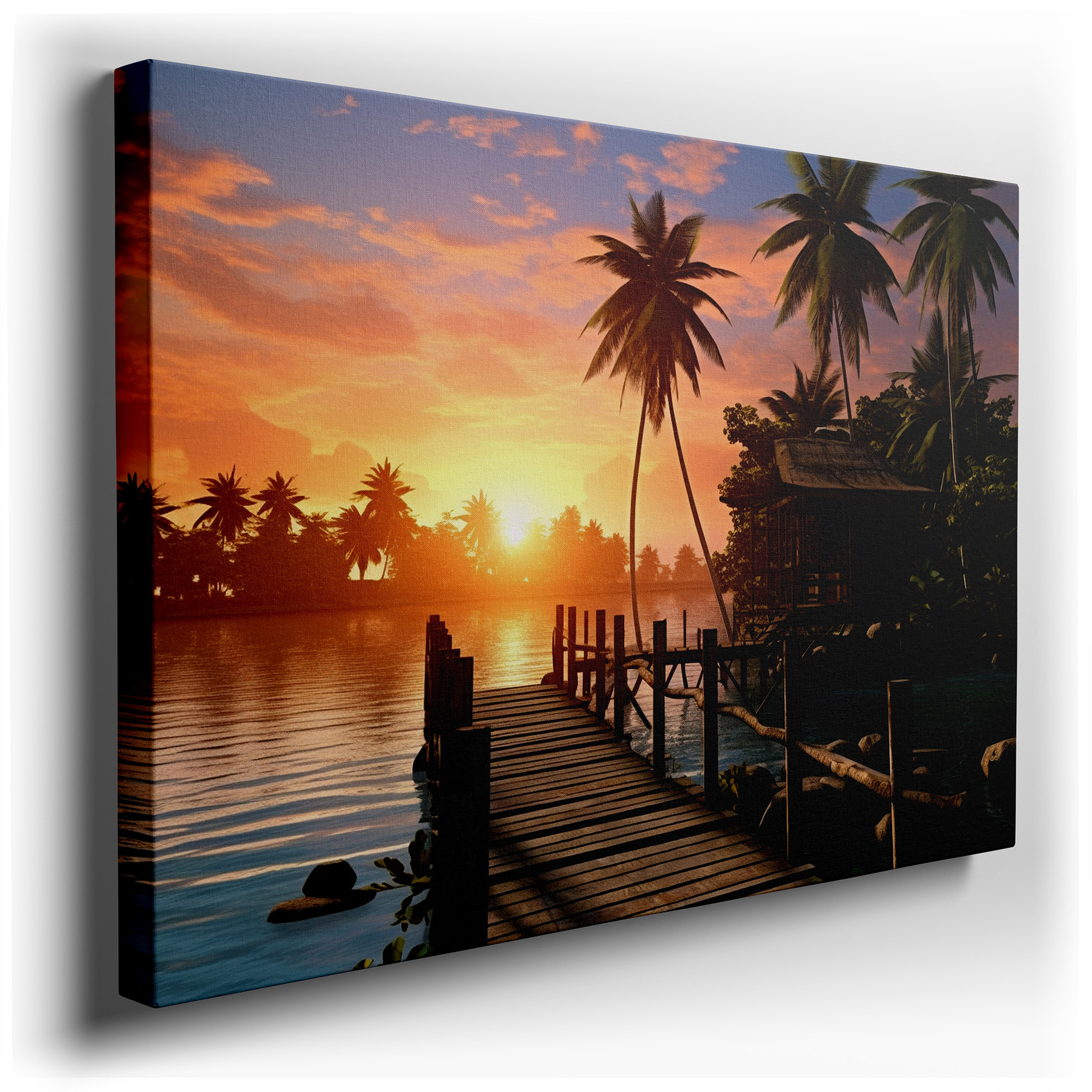 Tropical Sunset Paradise with Rustic Dock and Reflective Waters - Large Canvas Wall Art for Office, Bedroom, and Living