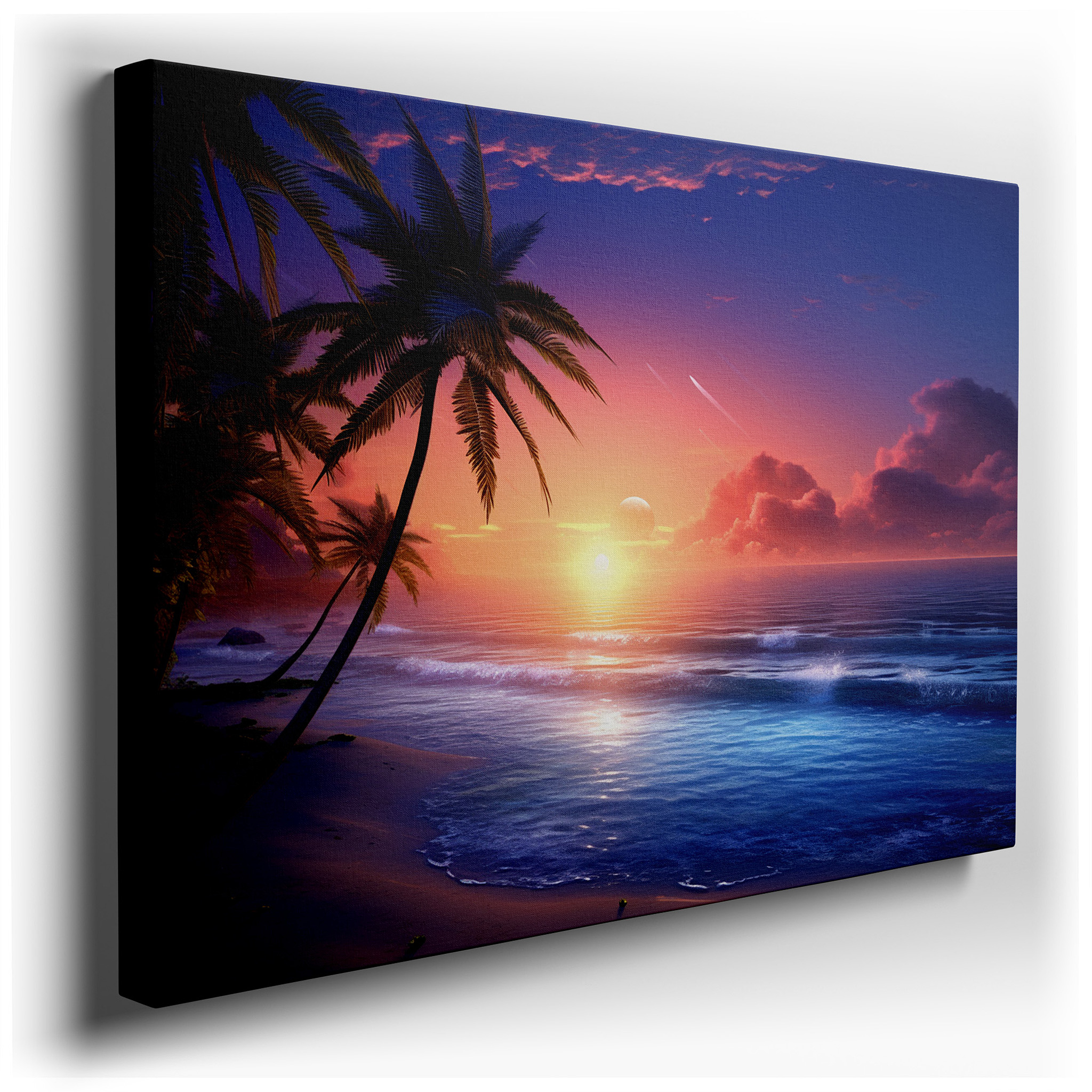 Tropical Sunset Serenity: Fiery Skies and Pristine Beach - Large Canvas Wall Art for Office, Bedroom, and Living Room
