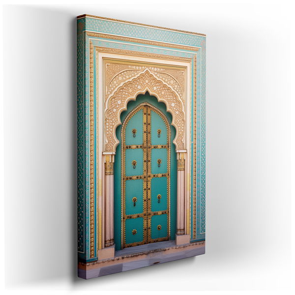 Turquoise and Gold Indian Door Wall Art - Large Canvas for Home Decor