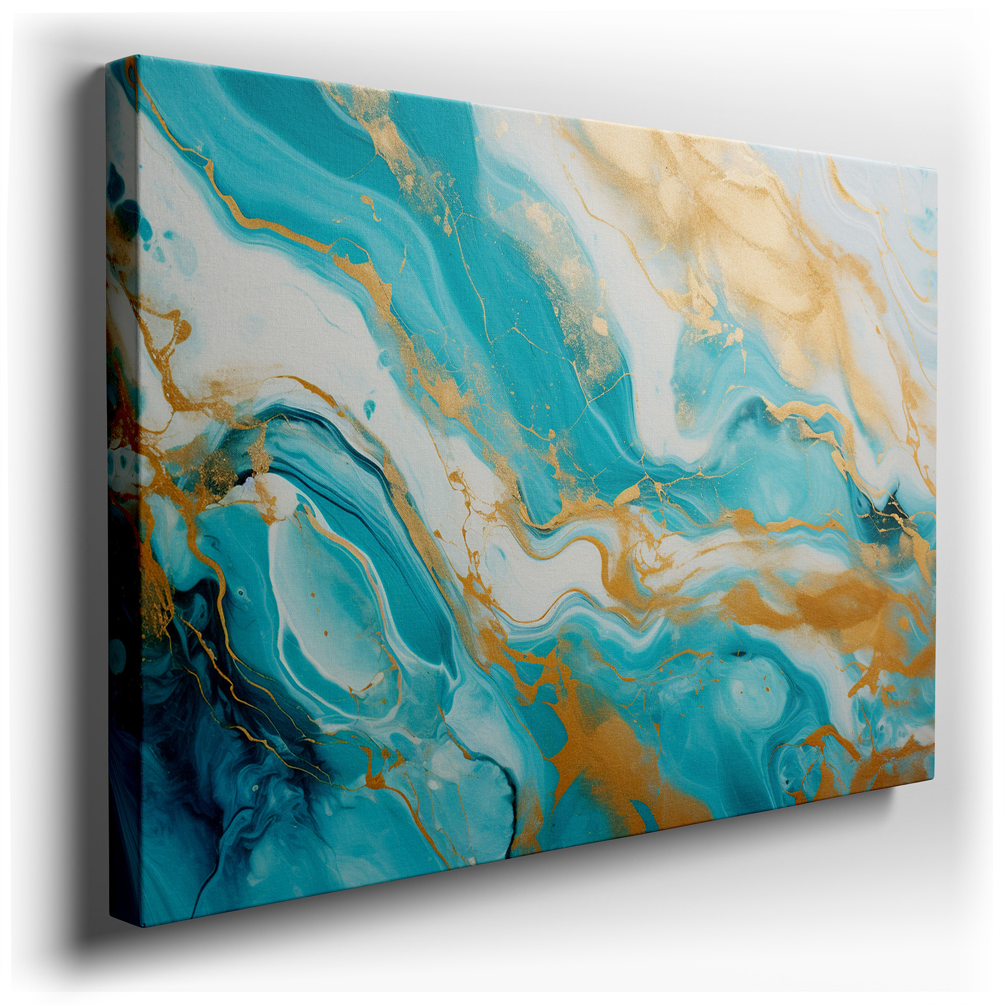 Turquoise and Gold Swirls: Oceanic Elegance and Sunlit Opulence in Dynamic Large Wall Art, Canvas Wall Art wrapped