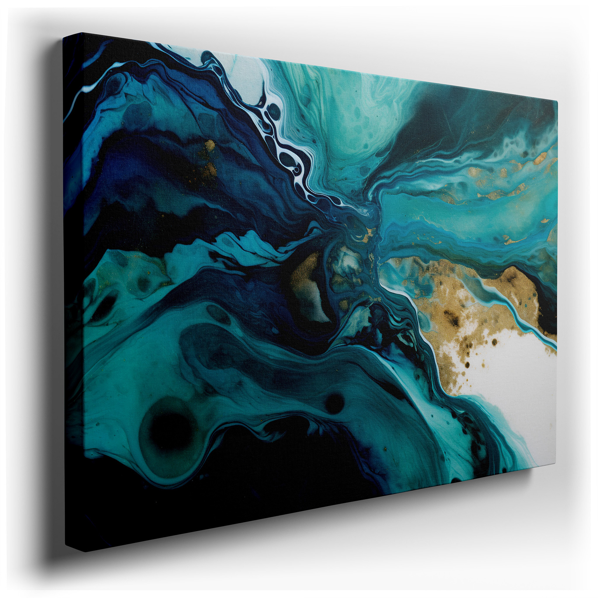Turquoise Waves and Golden Streaks - A Mesmerizing Blend of Chaos and Serenity Large Wall Art, Canvas Wall Art, Wall