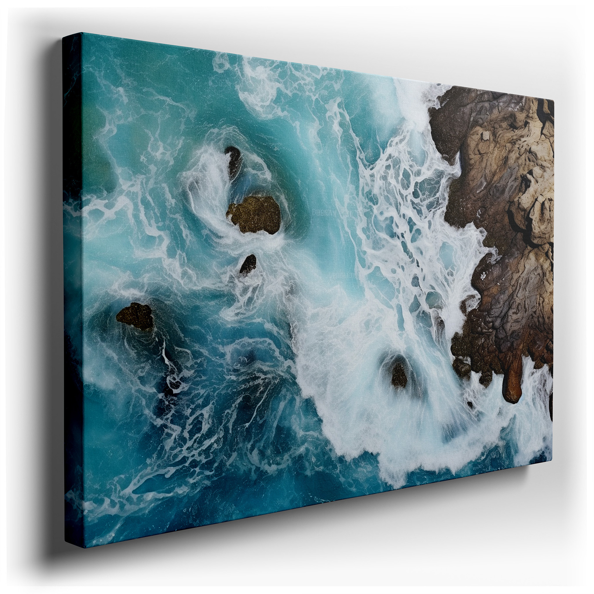 Turquoise Waves Waltz Along the Jagged Shoreline, A Brilliant Display of Nature's Hues and Surfaces, Oversized Wall