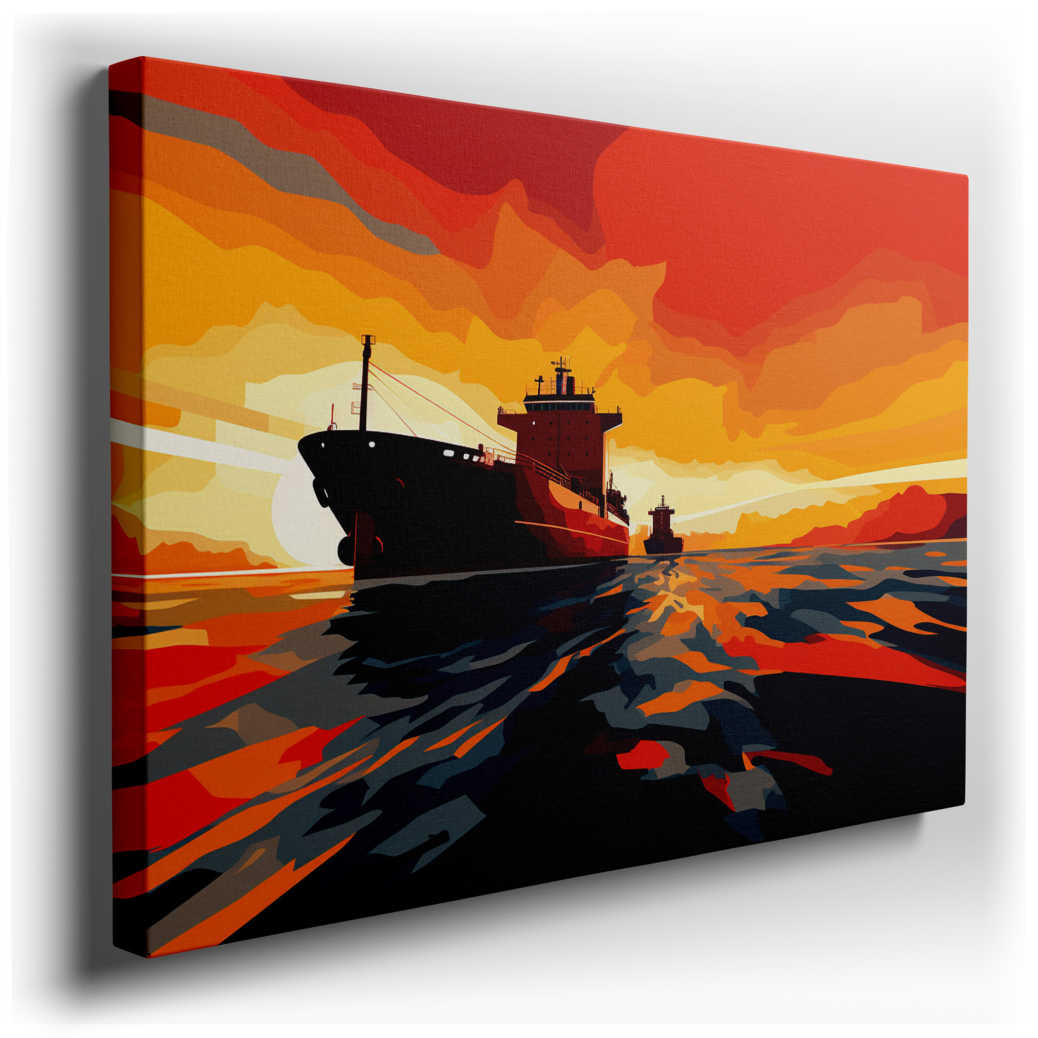 Twilight Cargo Ships Against a Fiery Horizon: Reflecting Nature's Beauty and Human Endeavor - Large Canvas Wall Art for