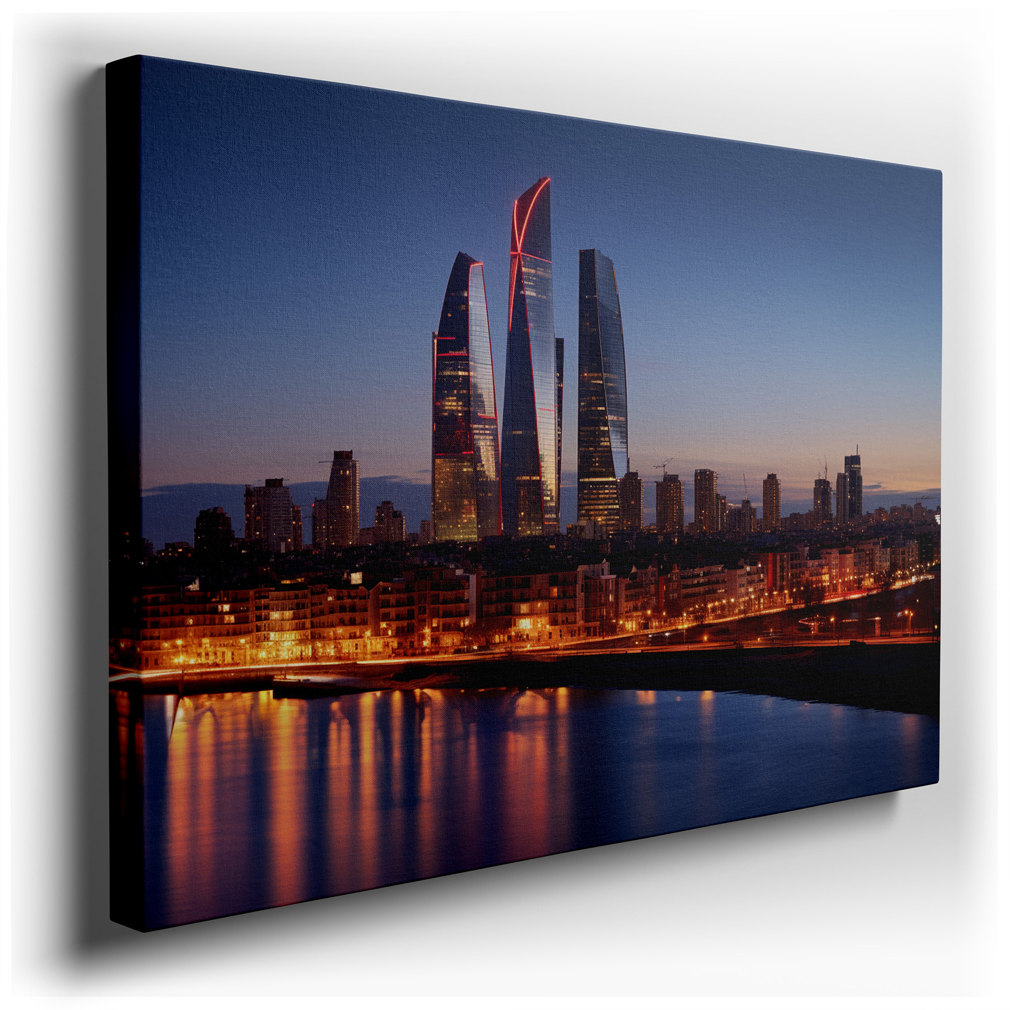 Twilight Cityscape Wall Art Featuring Glowing Skyscrapers and Reflective Waters - Large Canvas for Home and Office