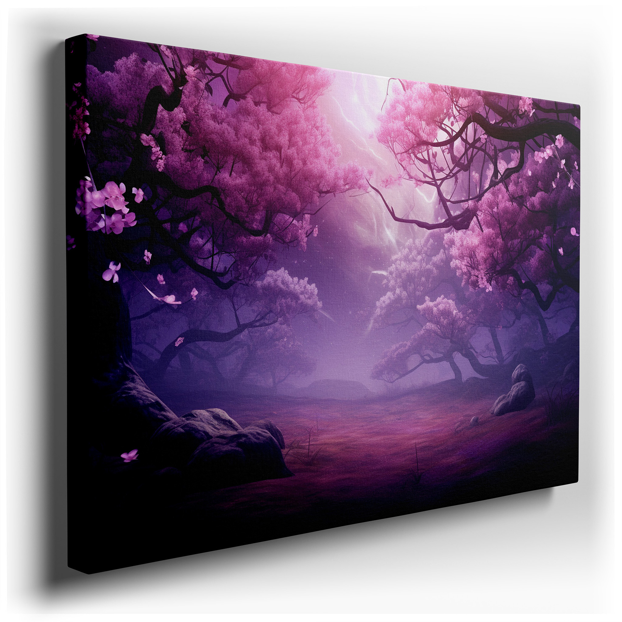 Twilight Enchanted Cherry Blossom Forest, Ethereal Luminous Large Wall Art, Canvas Wall Decor for Office and Bedroom