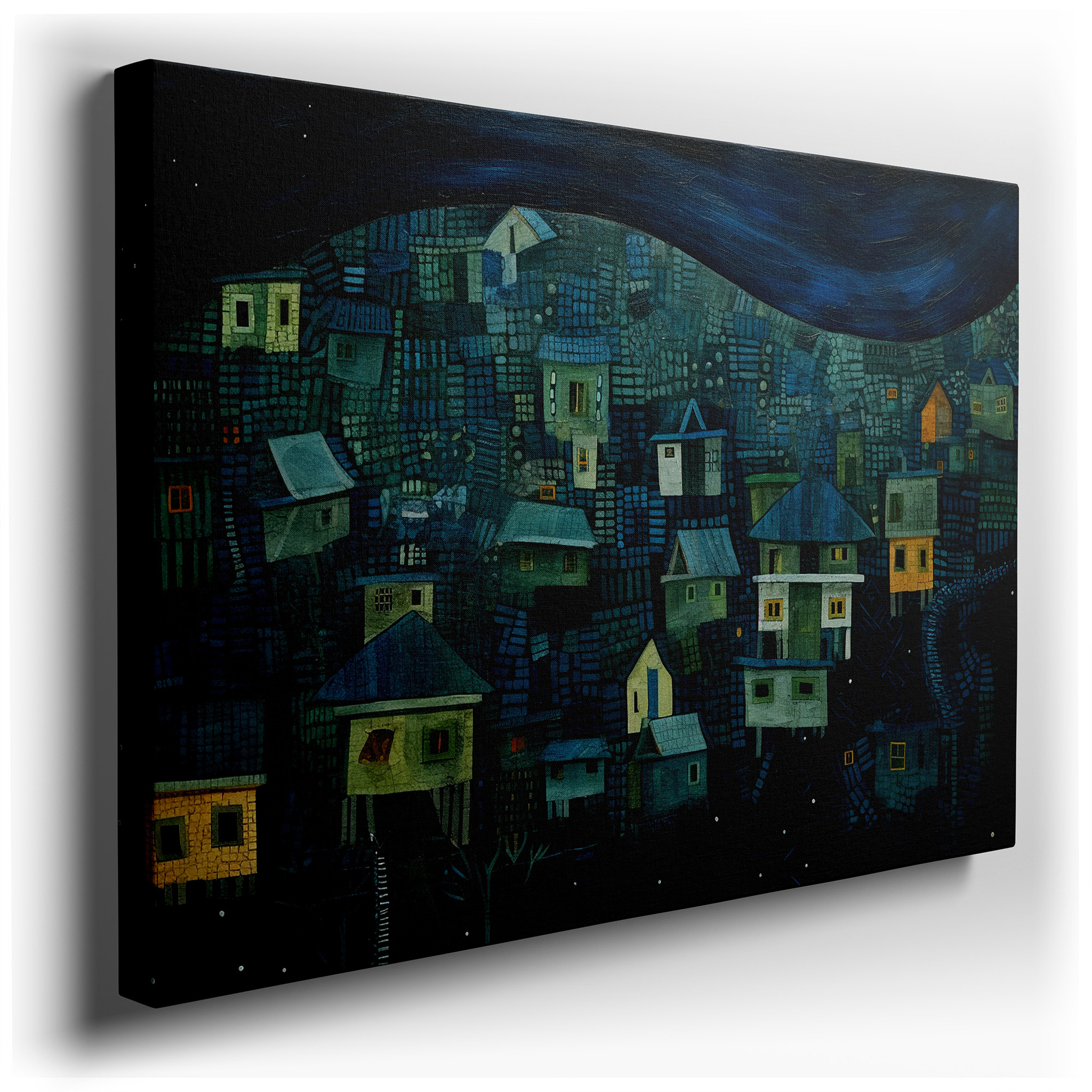 Twilight Glow Over Enchanted Village - Serene Nightscape with Vibrant Houses and Starry Skies, Large Canvas Wall Art