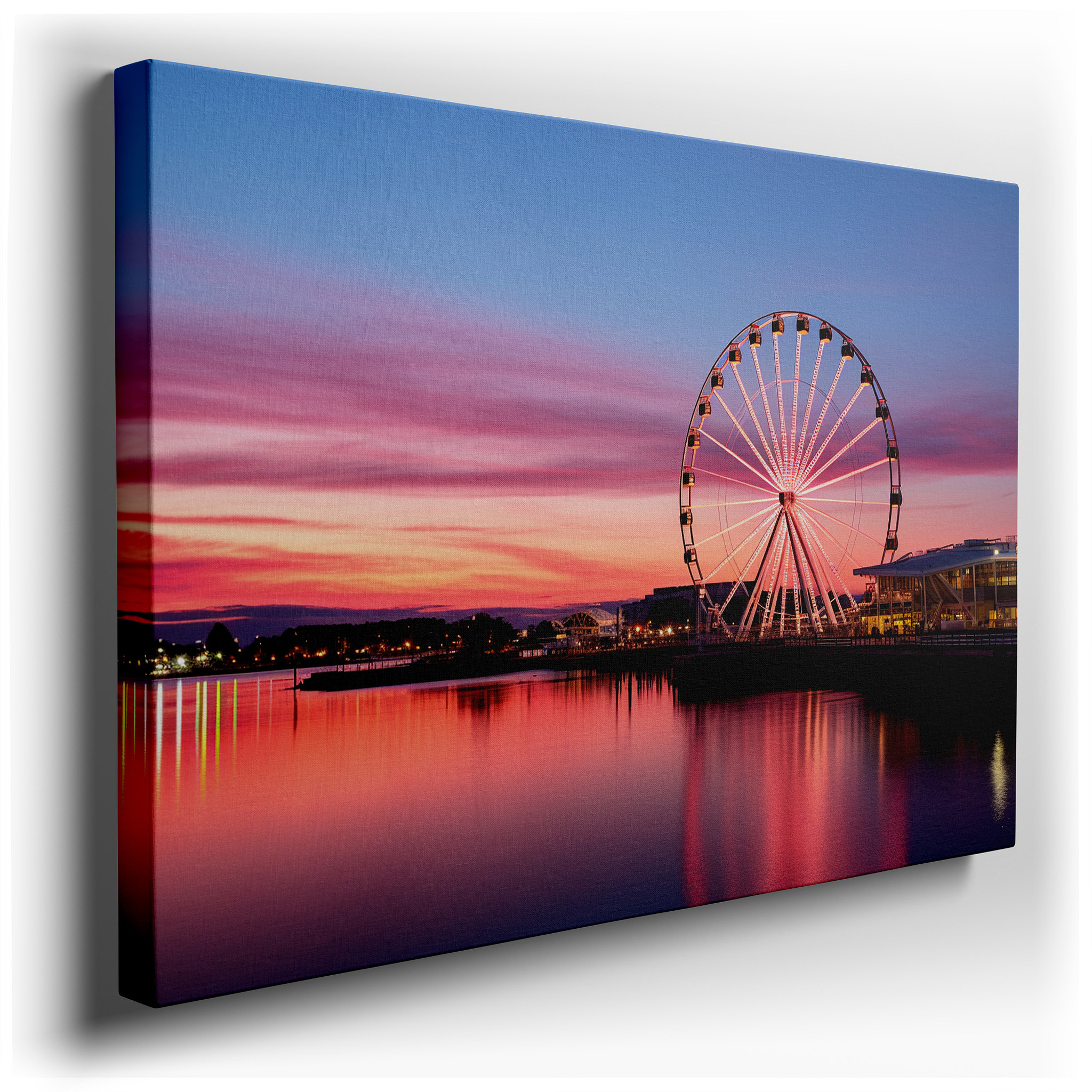 Twilight Glow Over the Ferris Wheel: Large Waterfront Reflection Canvas Art for Office and Bedroom Decor wrapped canvas