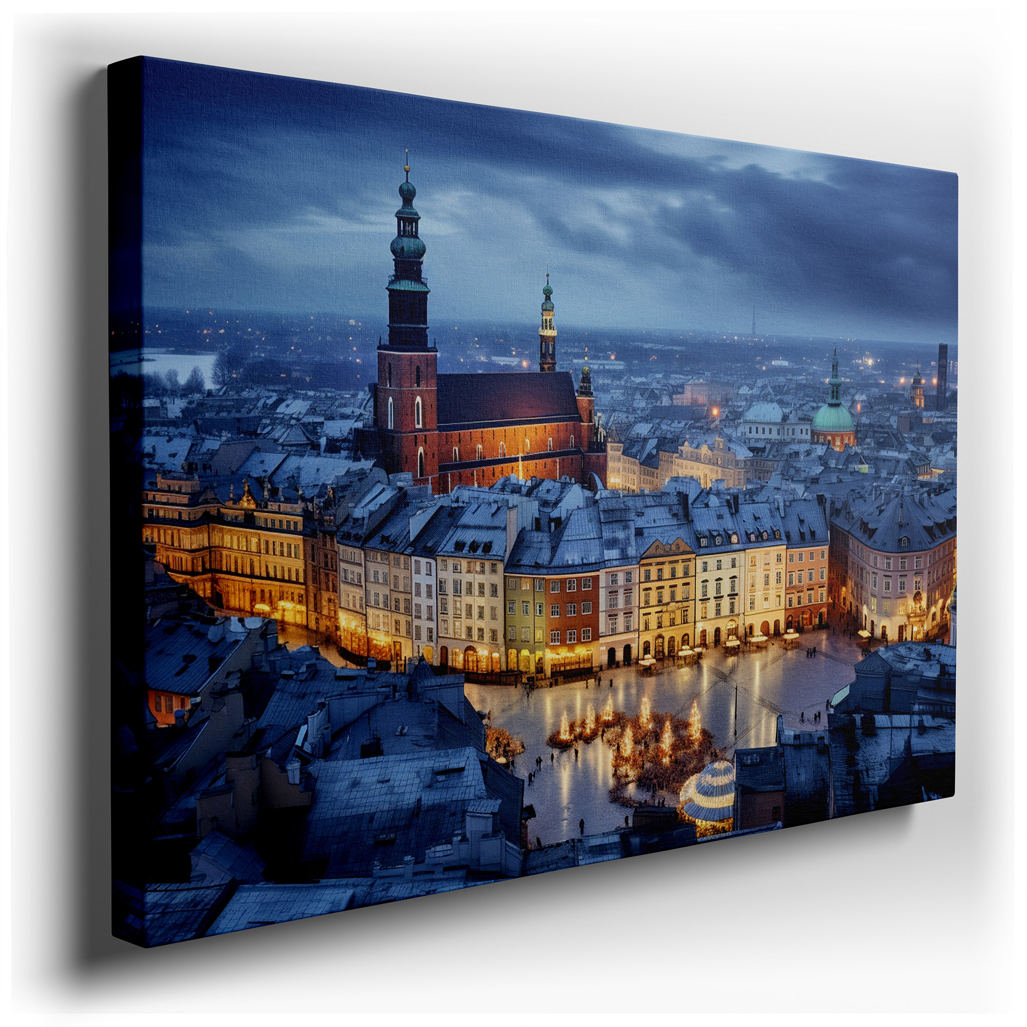 Twilight Over Historic Polish Cityscape with Festive Christmas Glow - Large Canvas Wall Art for Office and Bedroom