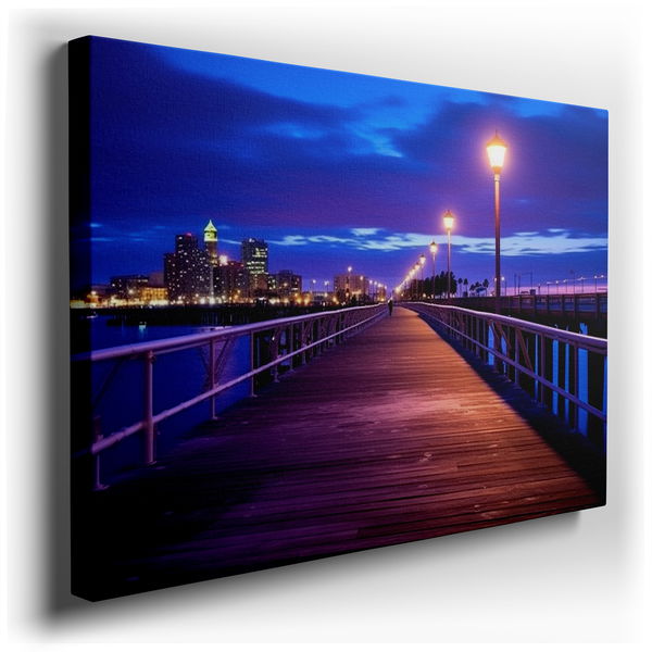 Twilight Pier and City Lights - Urban Serenity Canvas Wall Art