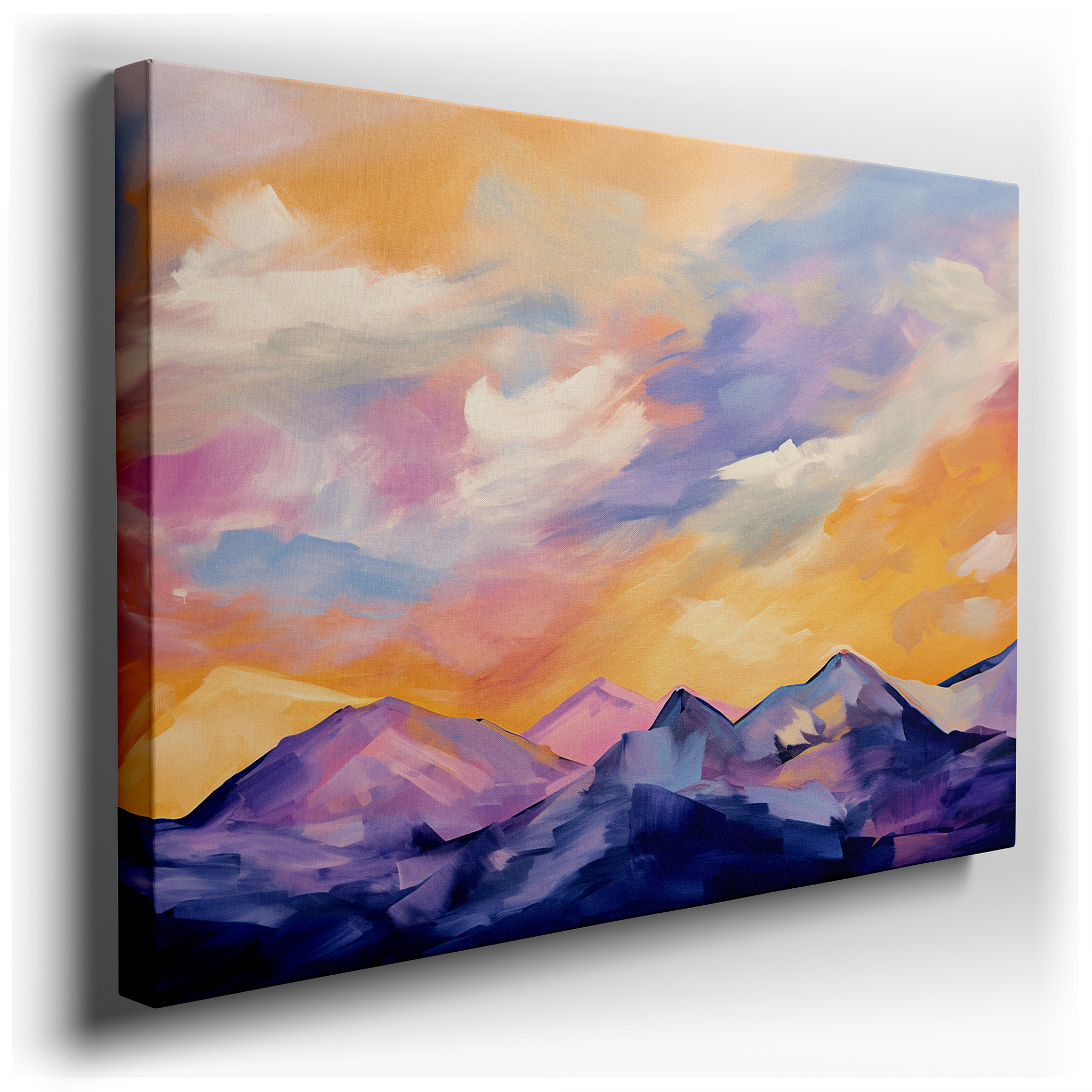 Twilight's Majestic Shift - Abstract Mountain Landscape in Purple, Pink, and Orange Hues, Large Canvas Wall Art for