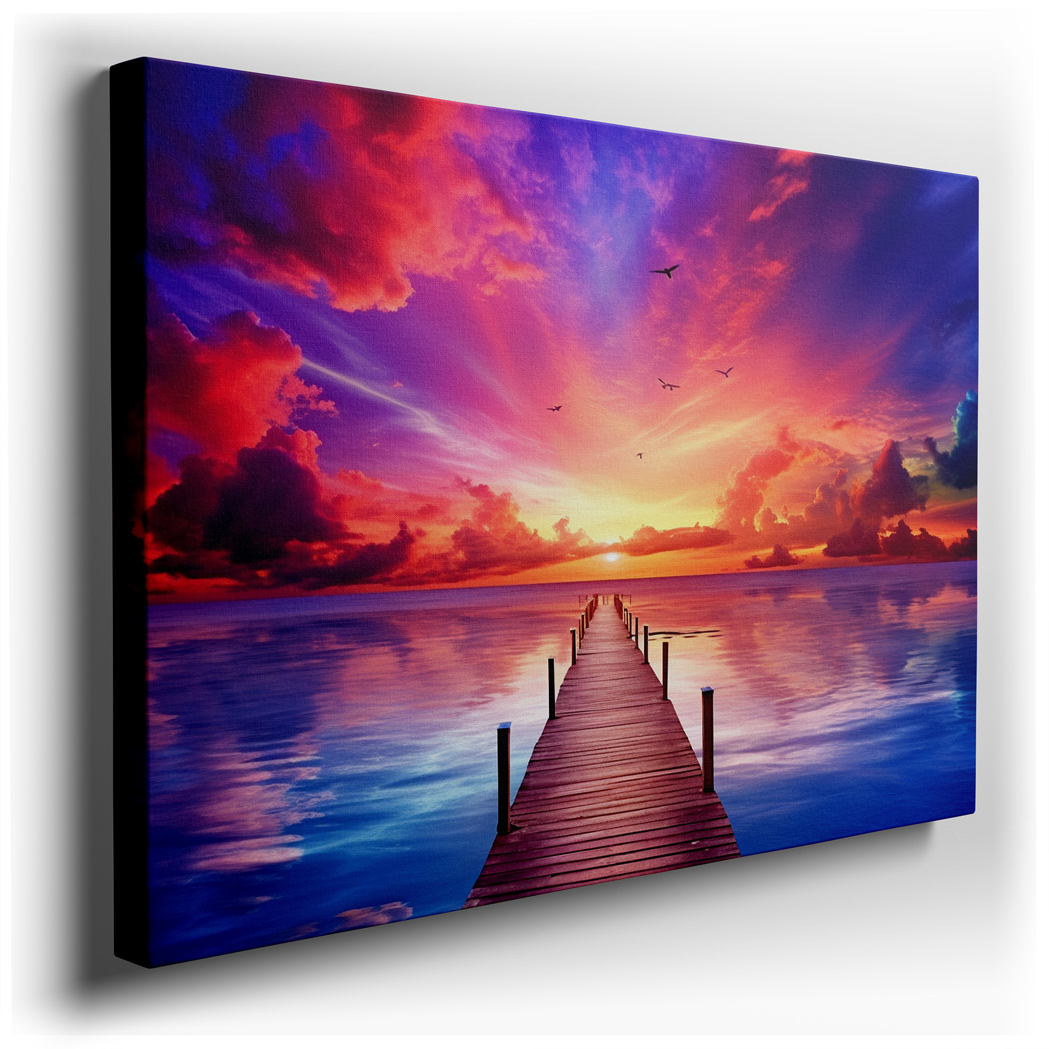 Twilight Serenity at the Wooden Pier: Tranquil Sea and Sky Large Canvas Wall Art for Office and Bedroom Decor wrapped