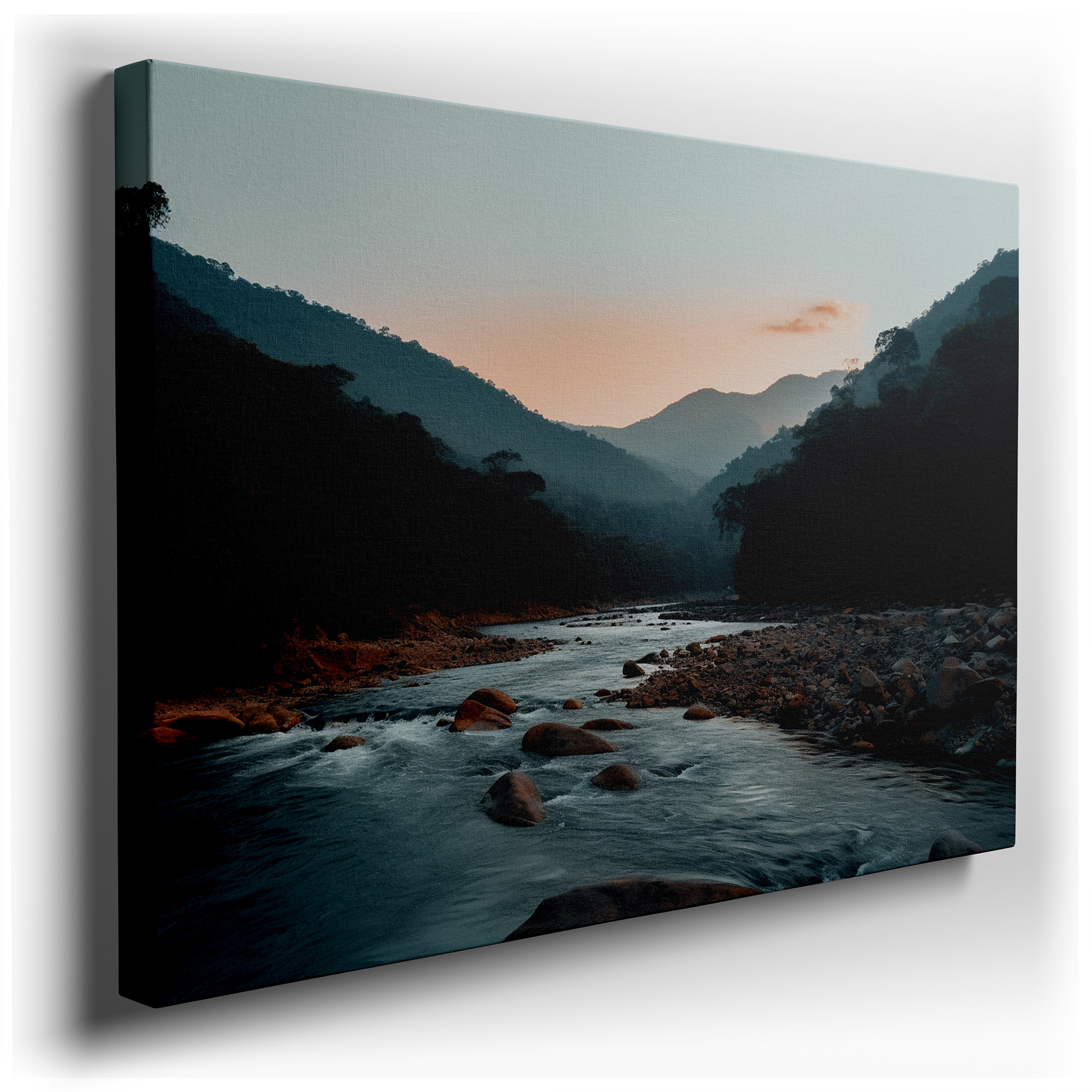 Twilight Serenity by the Mountain River - A Peaceful Retreat into Nature's Embrace Large Wall Art, Canvas Wall Art,