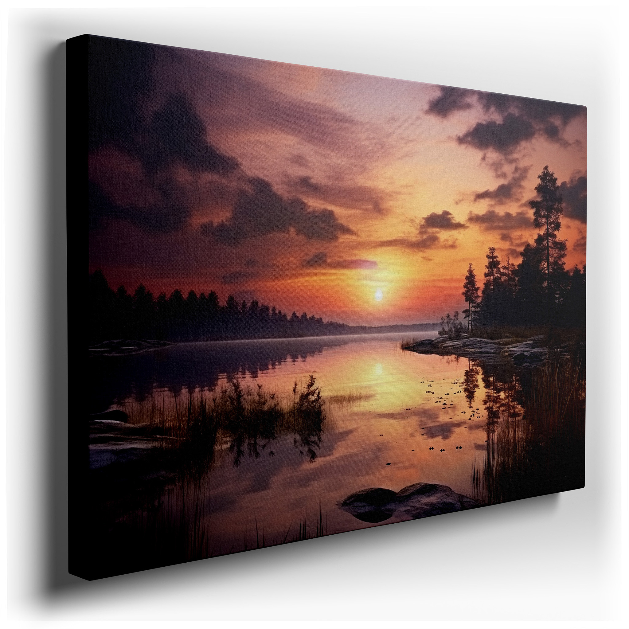 Twilight Serenity: Large Canvas Wall Art Featuring Lake Reflections and Silhouetted Trees for Office, Bedroom, and