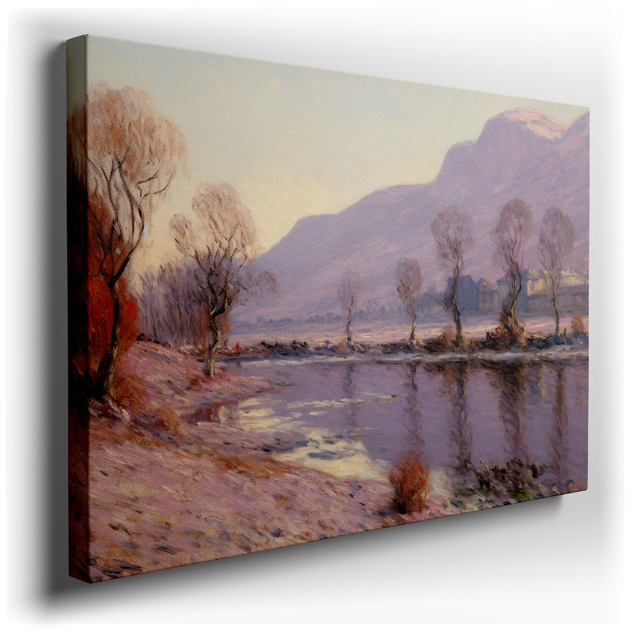 Twilight Serenity: Large Canvas Wall Art Featuring Reflective Lakeside and Silhouetted Trees for Office and Bedroom