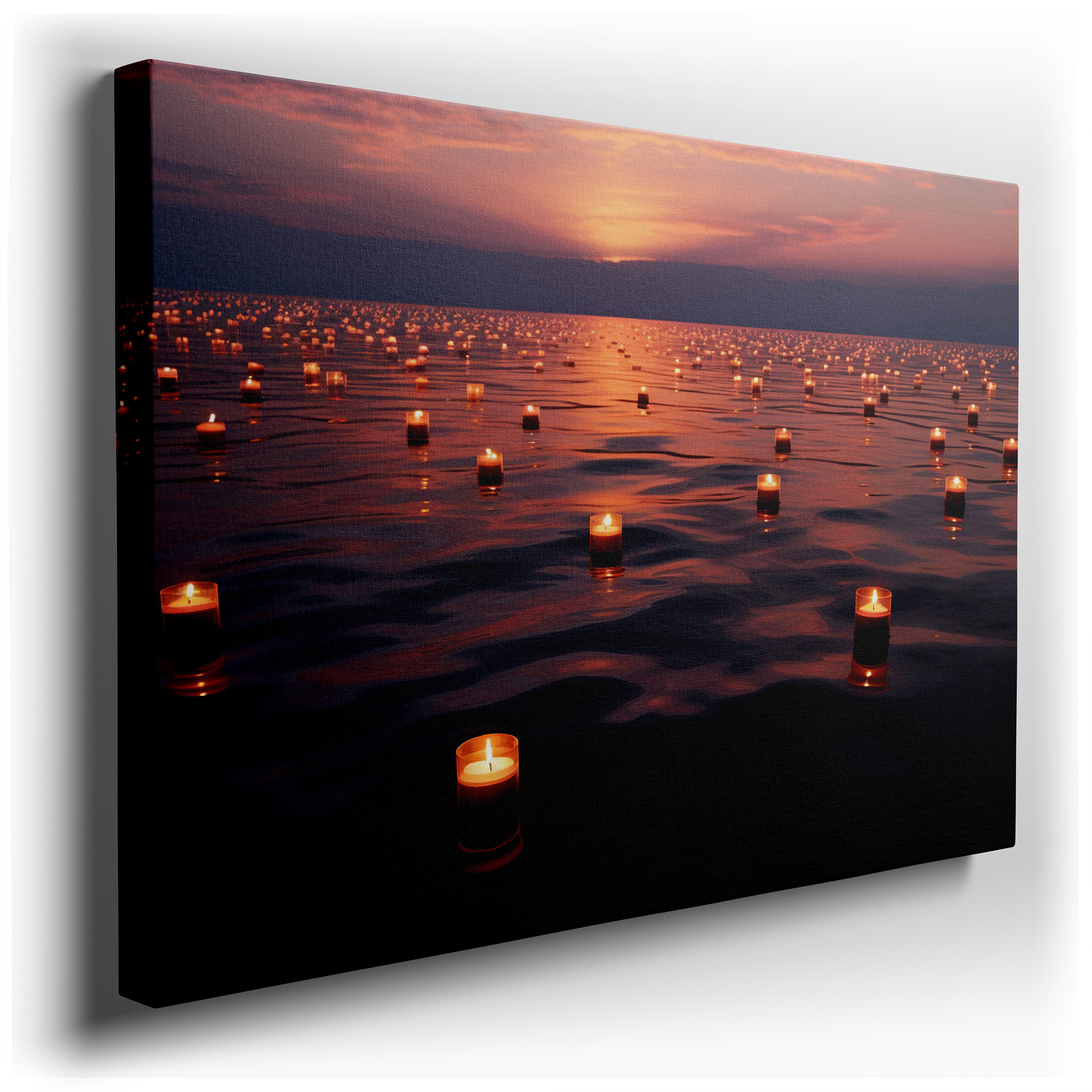 Twilight Serenity with Floating Candles: A Tranquil Reflection of Light and Peace - Large Canvas Wall Art for Office