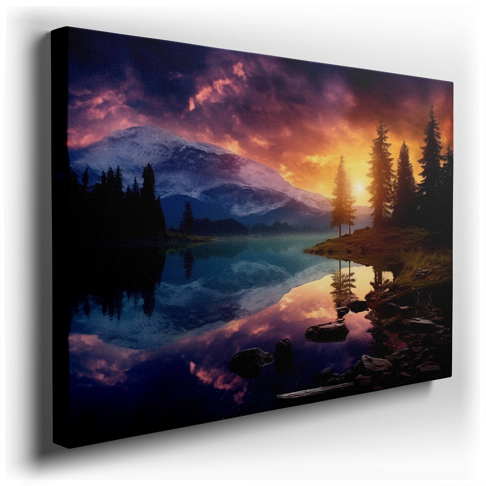 Twilight Tapestry Wall Art Featuring Serene Lake Reflections, Majestic Trees, and Vibrant Orange and Purple Hues -