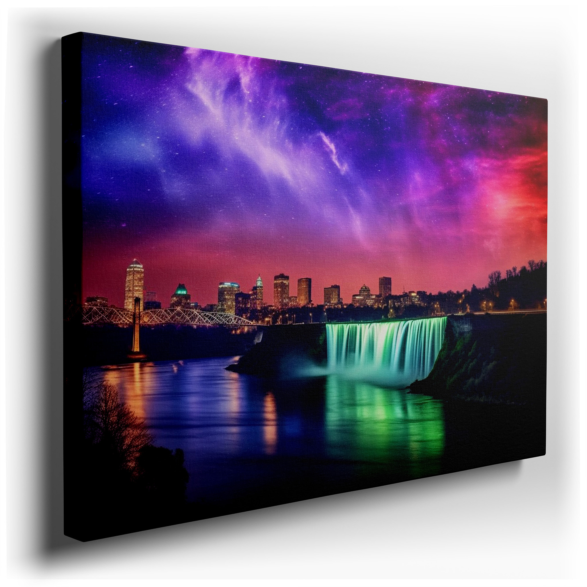 Twilight Urban Nightscape with Waterfall - Where Vibrant City Life Meets Tranquil Nature, Large Canvas Wall Art for
