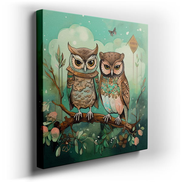 Twin Owls on a Twisted Branch - Nature's Tranquility Canvas Wall Art