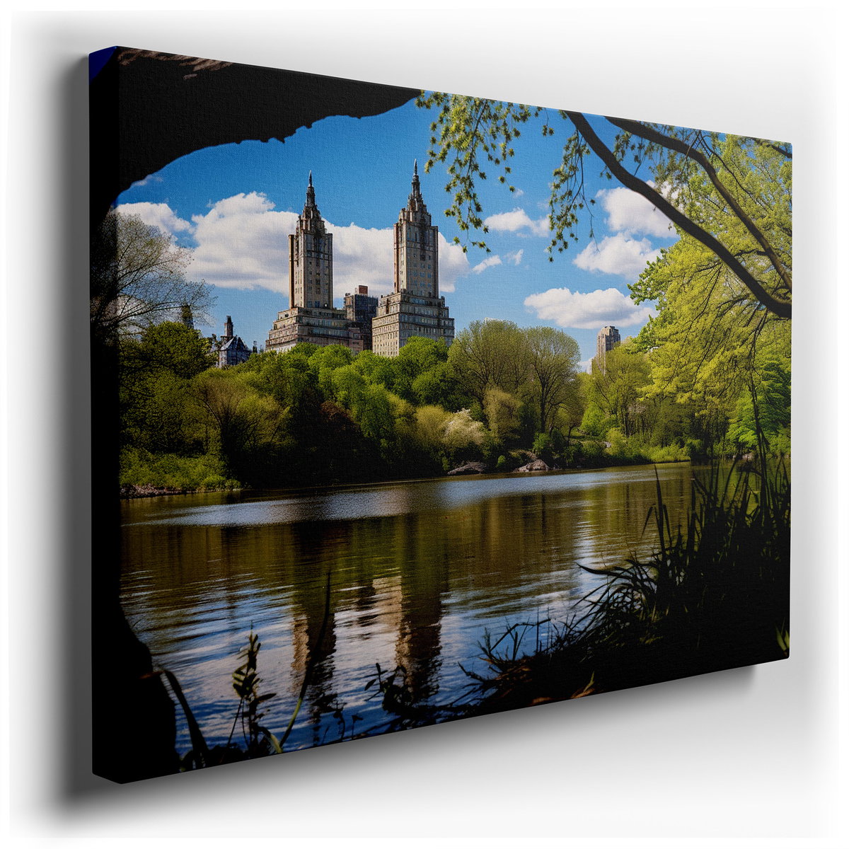 Twin Skyscrapers and Lush Greenery - Blue Canvas Wall Art