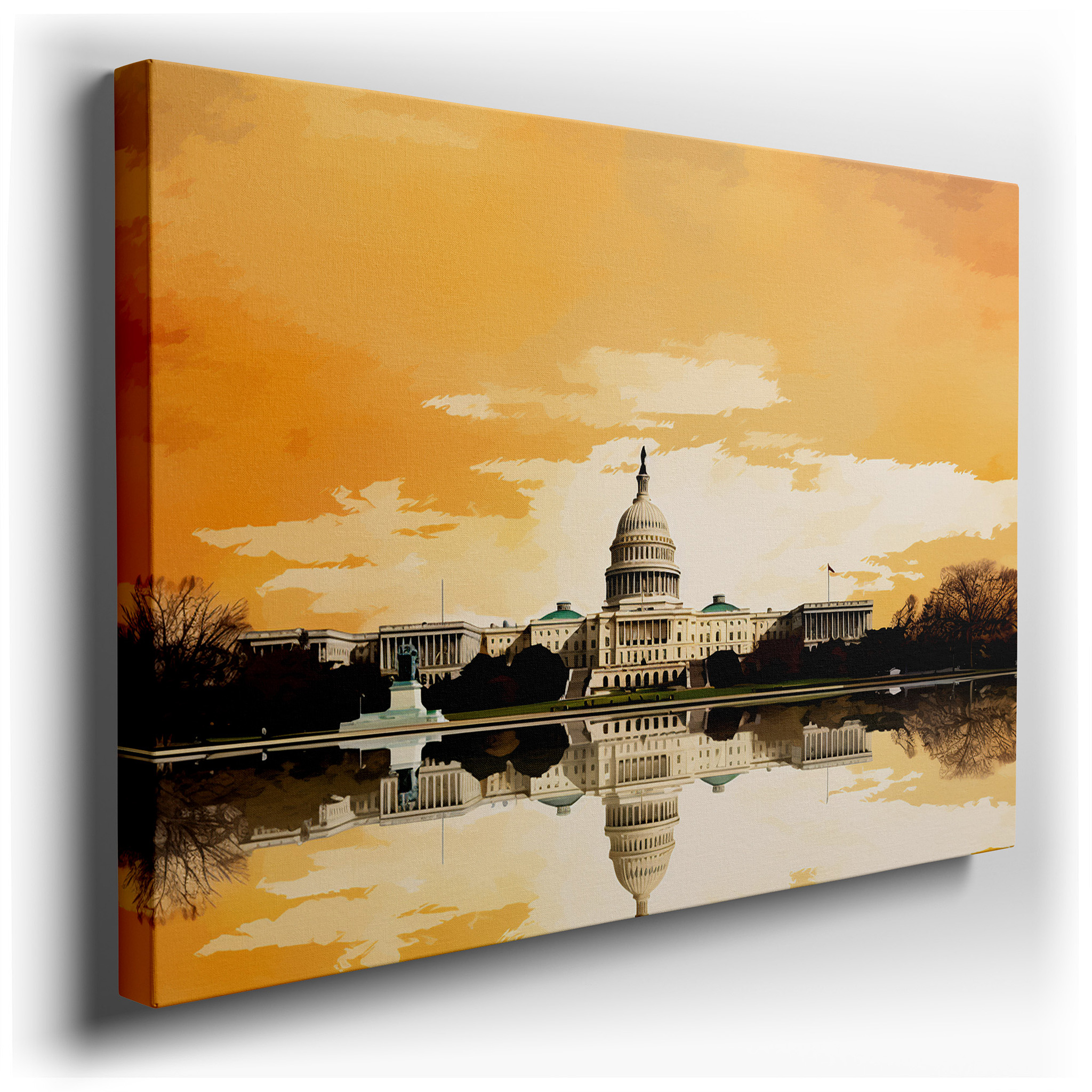 U.S. Capitol at Sunset: Majestic Reflections of Democracy - Tranquil Waters Large Canvas Wall Art for Office Decor