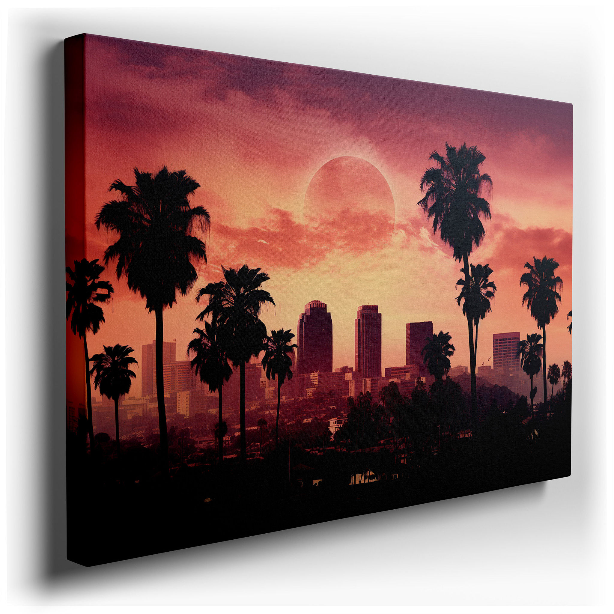 Urban and Tropical Sunset Skyline - Serene Fusion of City and Nature Large Wall Art, Canvas Decor for Office and