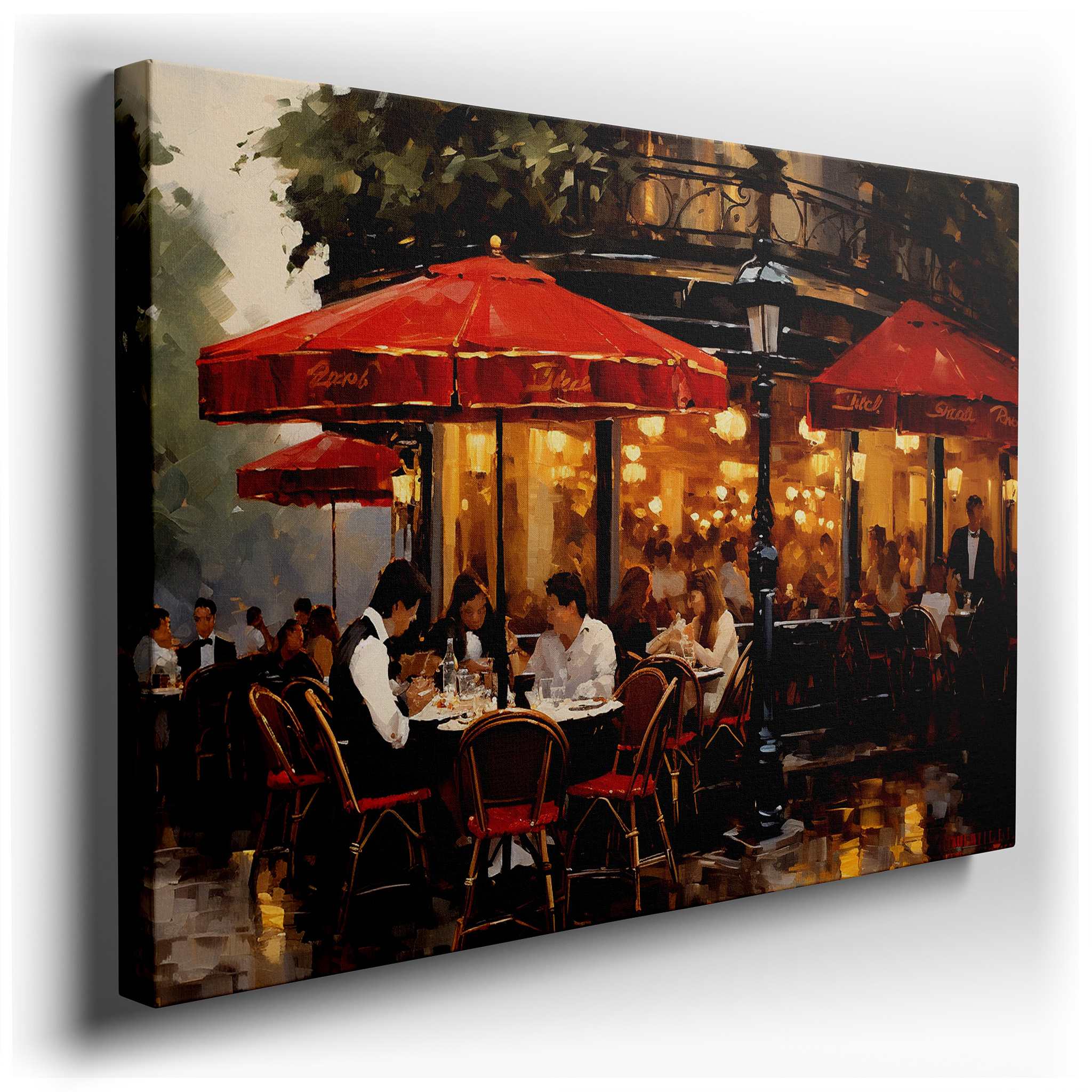Urban Café Beneath Crimson Umbrellas: A Lively Night of Dining Amidst City Illuminations - Oversized Wall Art, Canvas