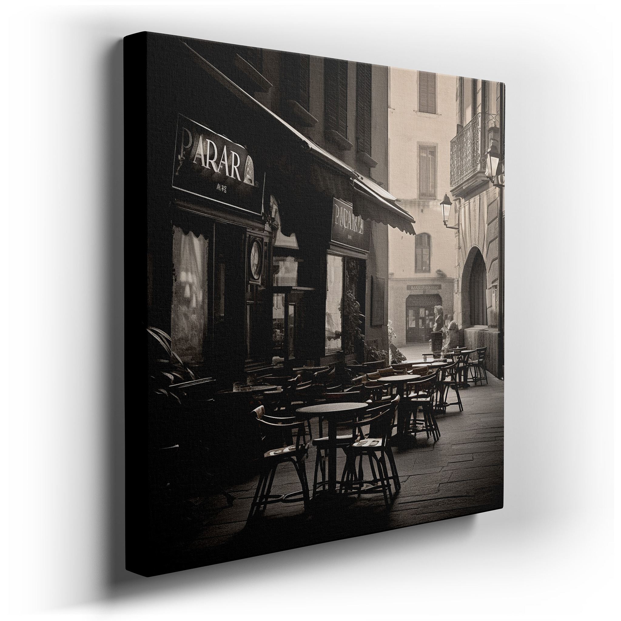 Urban Café Wall Art: Tranquil Scene with Sleek Chairs and Enigmatic Black Signboard - Large Canvas Art for Home and