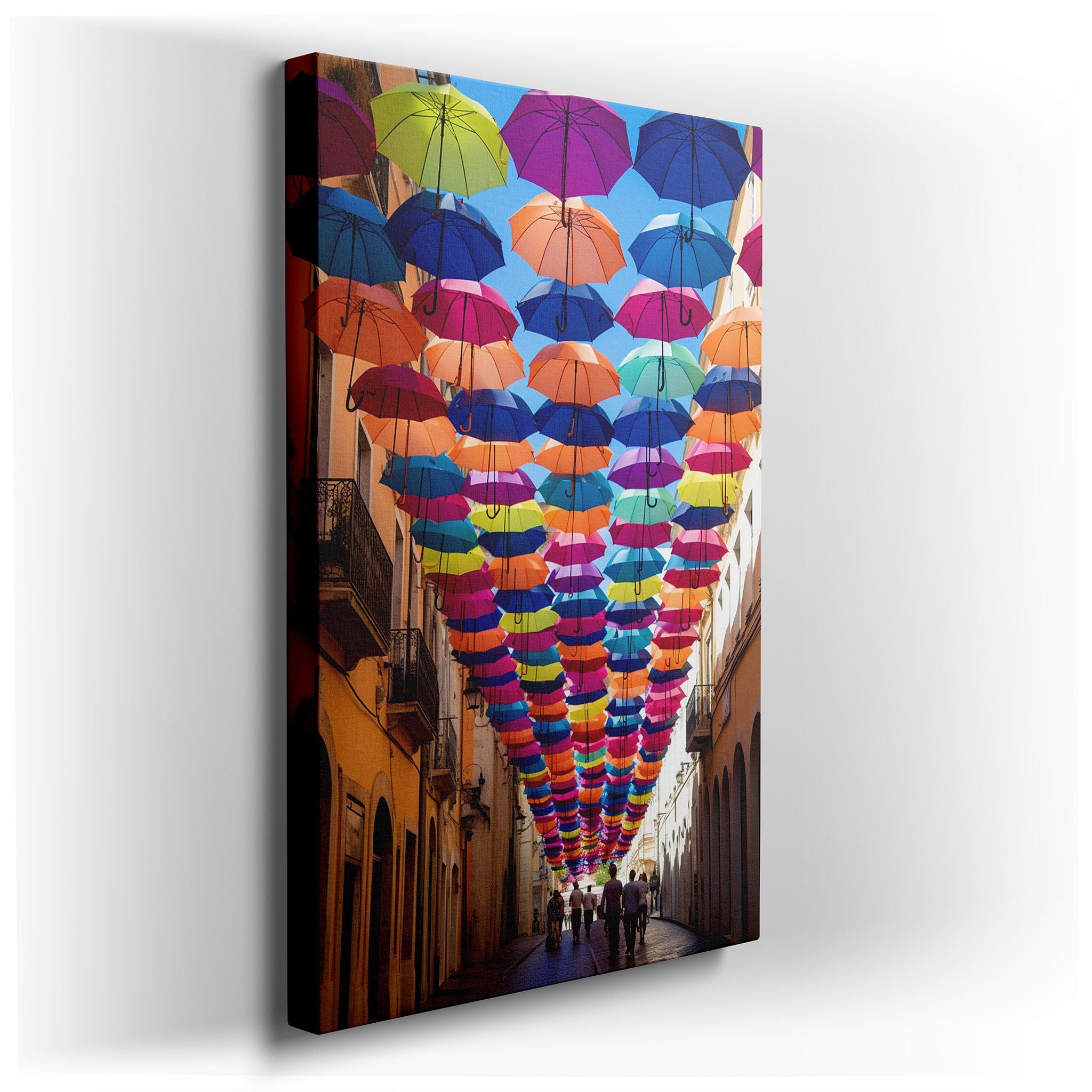 Urban Enchantment: Vibrant Umbrella Canopy Over Cobblestone Street - Large Canvas Wall Art for Home and Office Decor