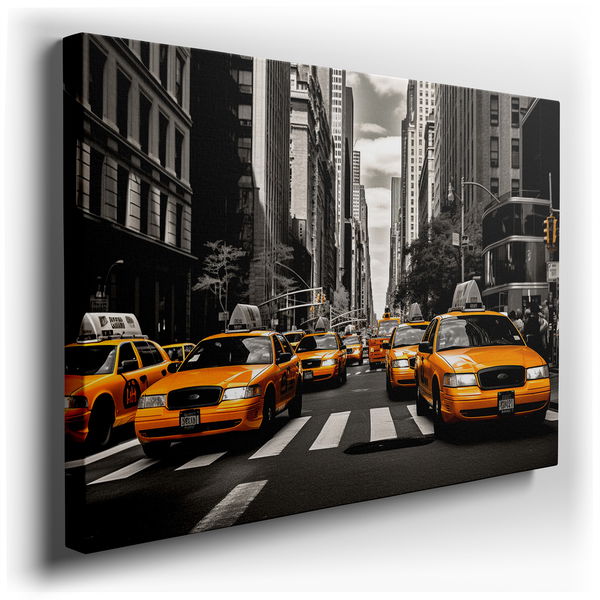 Urban Energy in Monochrome with Vibrant Yellow Taxi - Canvas Wall Art