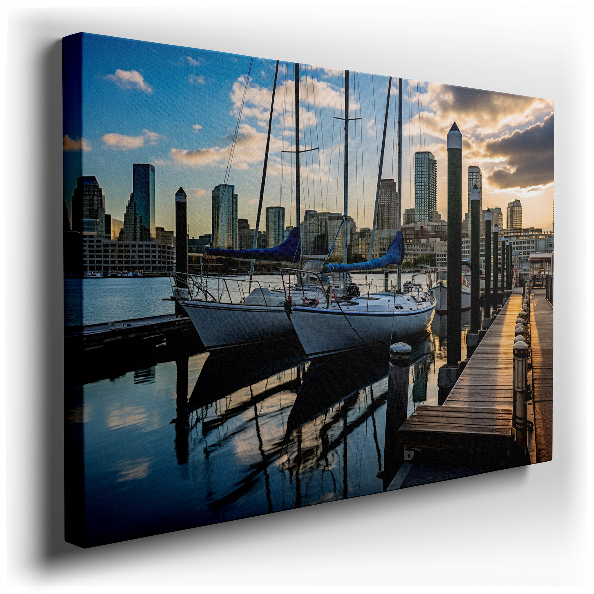 Urban Harbor at Sunset: Tranquil Elegance with Sailboats and City Skyline - Large Canvas Wall Art for Office and